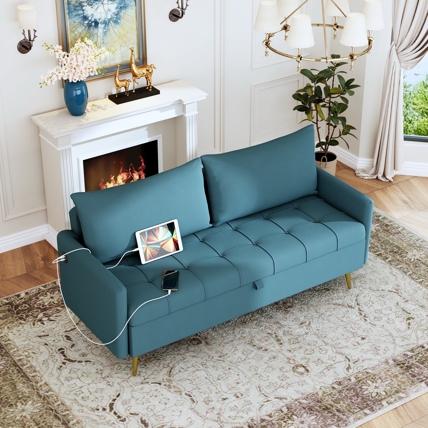 Sofá Moderno de Dos Plazas con Espacio de Almacenamiento Puertos de Carga USB y Tipo C, Y Dos Almohadas Azul
