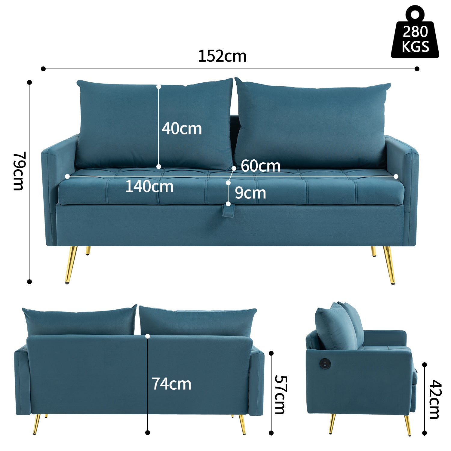 Sofá Moderno de Dos Plazas con Espacio de Almacenamiento Puertos de Carga USB y Tipo C, Y Dos Almohadas Azul