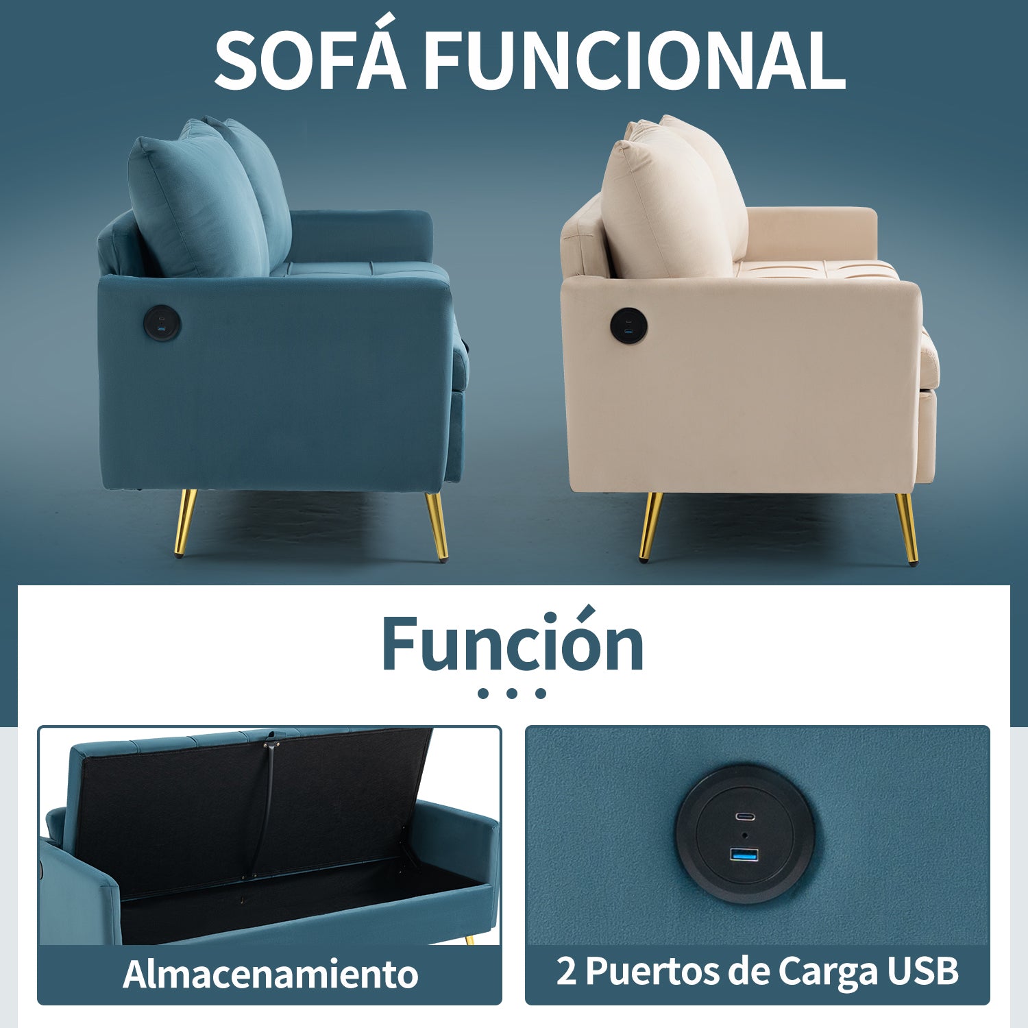 Sofá Moderno de Dos Plazas con Espacio de Almacenamiento Puertos de Carga USB y Tipo C, Y Dos Almohadas Azul