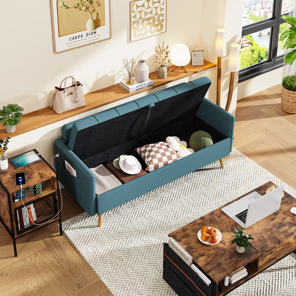 Sofá Moderno de Dos Plazas con Espacio de Almacenamiento Puertos de Carga USB y Tipo C, Y Dos Almohadas Azul