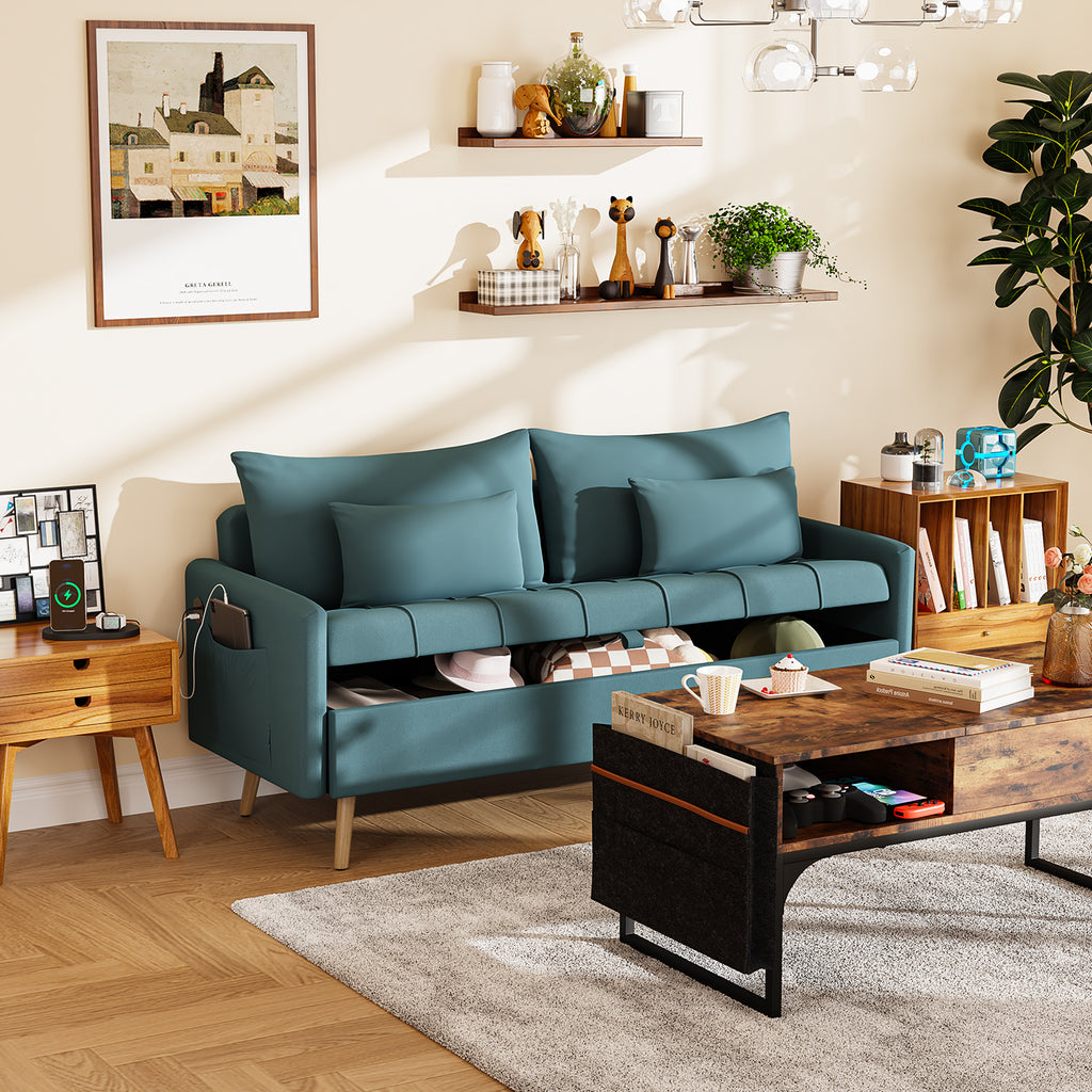 Sofá Moderno de Dos Plazas con Espacio de Almacenamiento Puertos de Carga USB y Tipo C, Y Dos Almohadas Azul