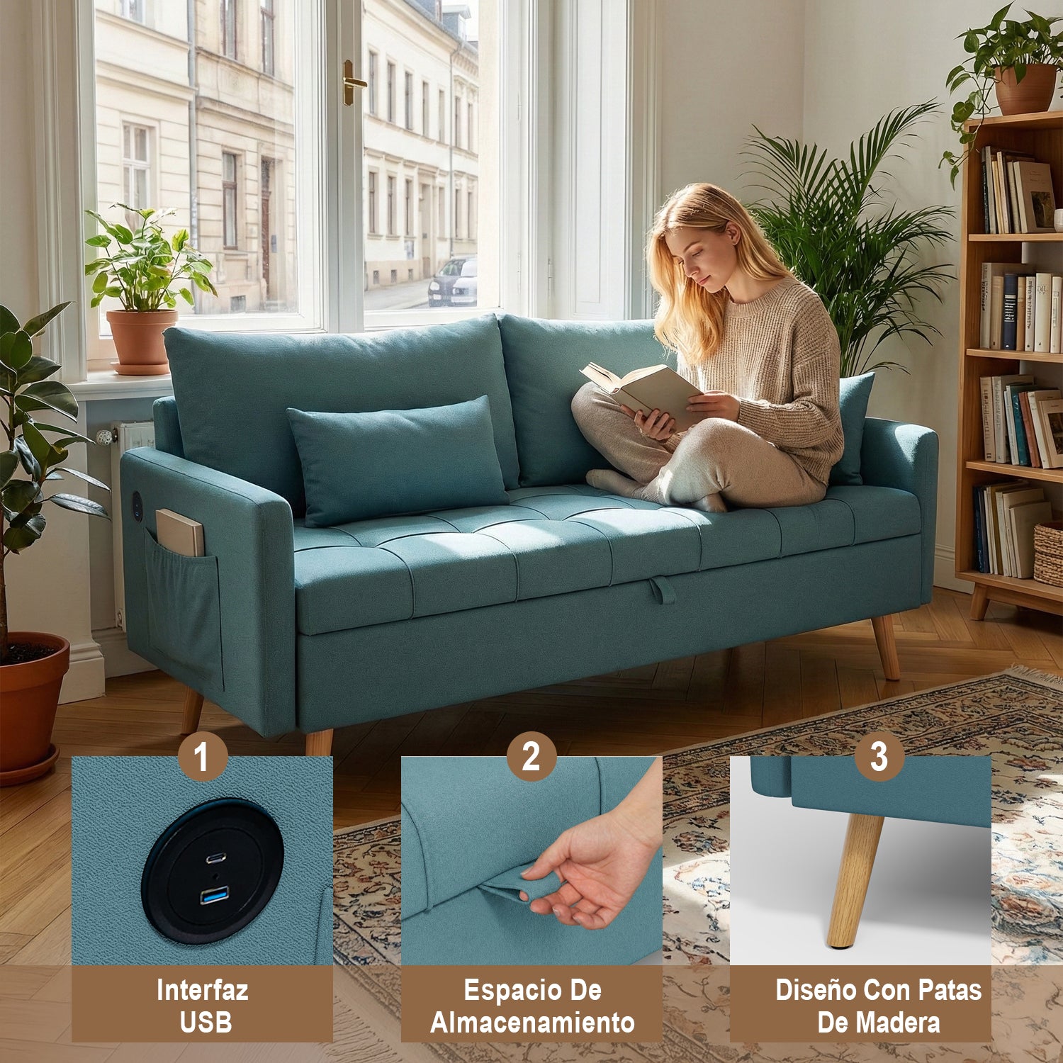 Sofá Moderno de Dos Plazas con Espacio de Almacenamiento Puertos de Carga USB y Tipo C, Y Dos Almohadas Azul