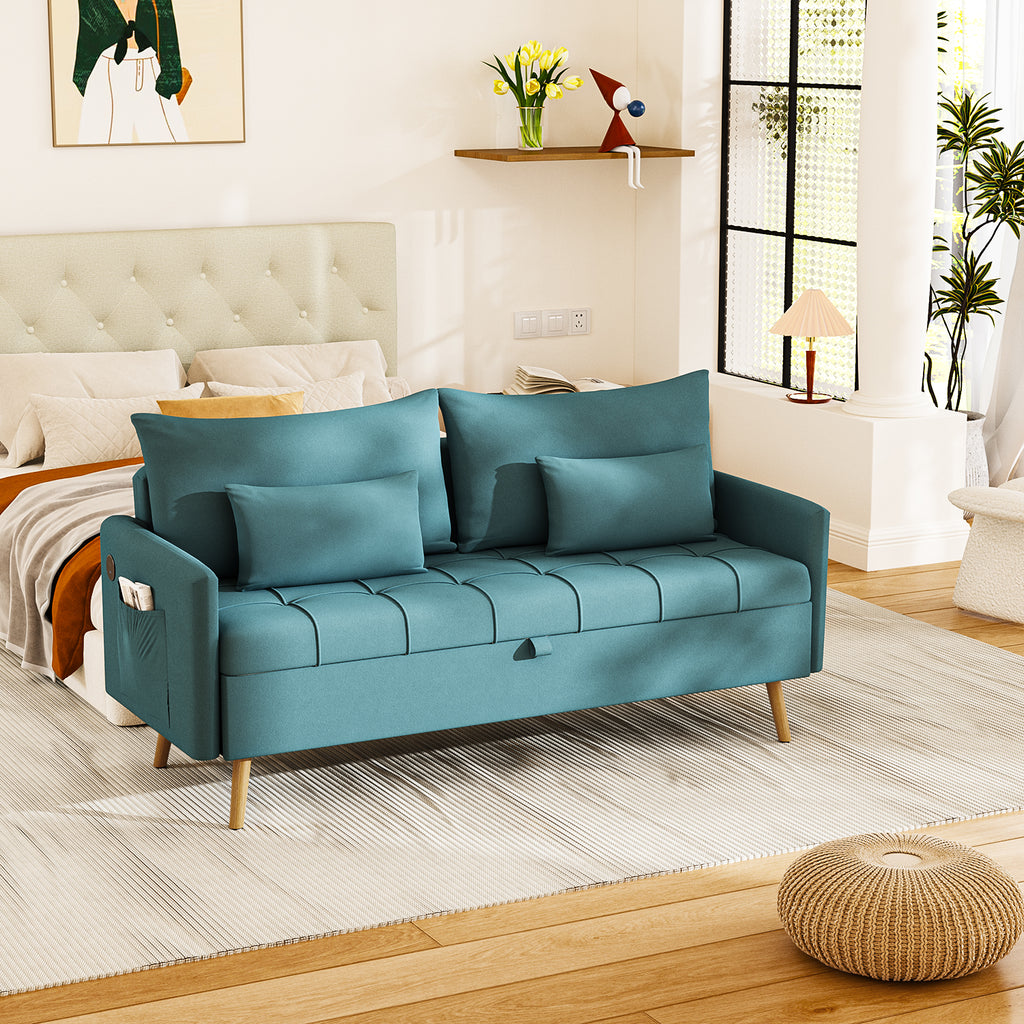 Sofá Moderno de Dos Plazas con Espacio de Almacenamiento Puertos de Carga USB y Tipo C, Y Dos Almohadas Azul