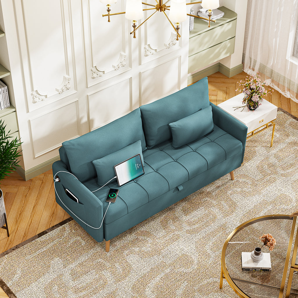 Sofá Moderno de Dos Plazas con Espacio de Almacenamiento Puertos de Carga USB y Tipo C, Y Dos Almohadas Azul