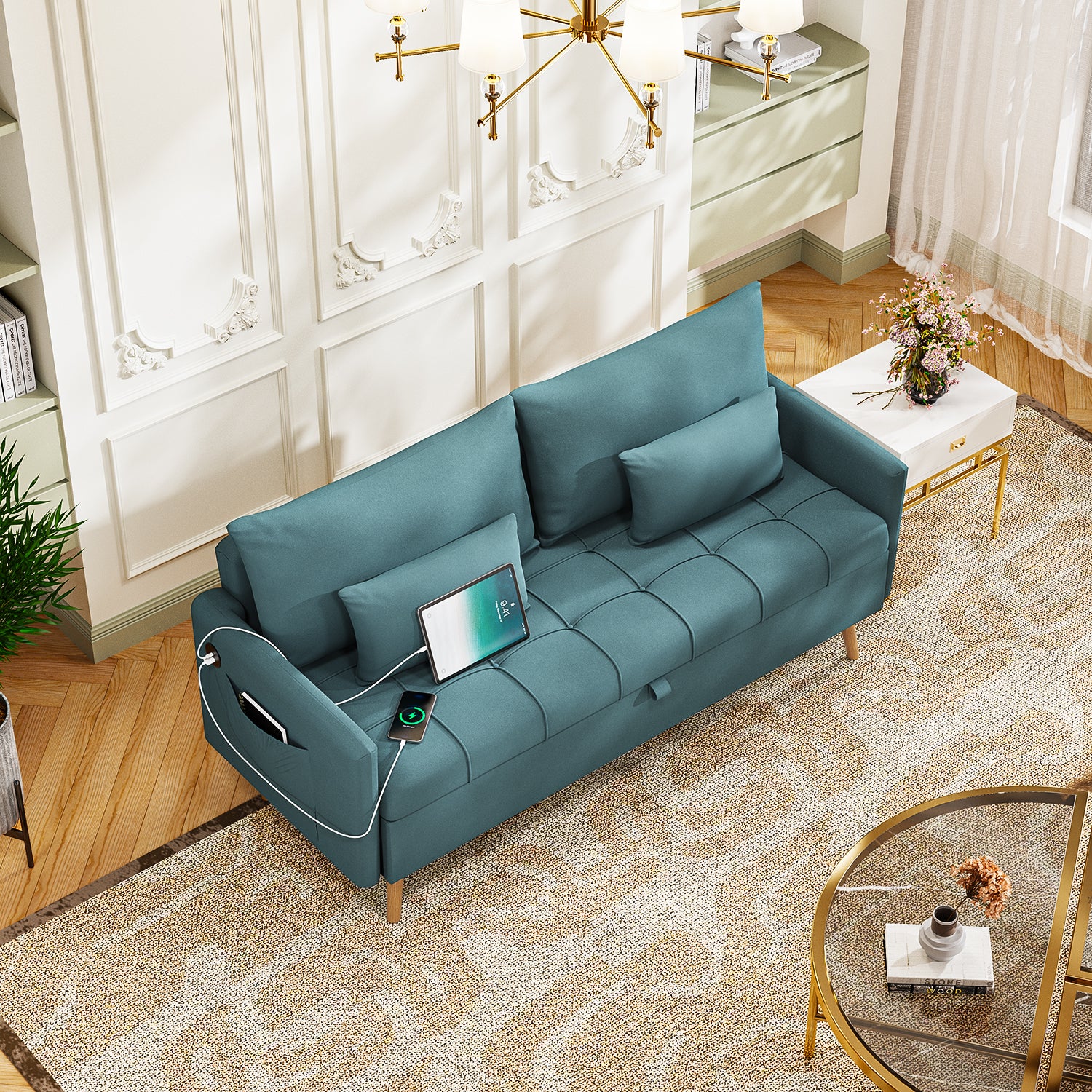 Sofá Moderno de Dos Plazas con Espacio de Almacenamiento Puertos de Carga USB y Tipo C, Y Dos Almohadas Azul