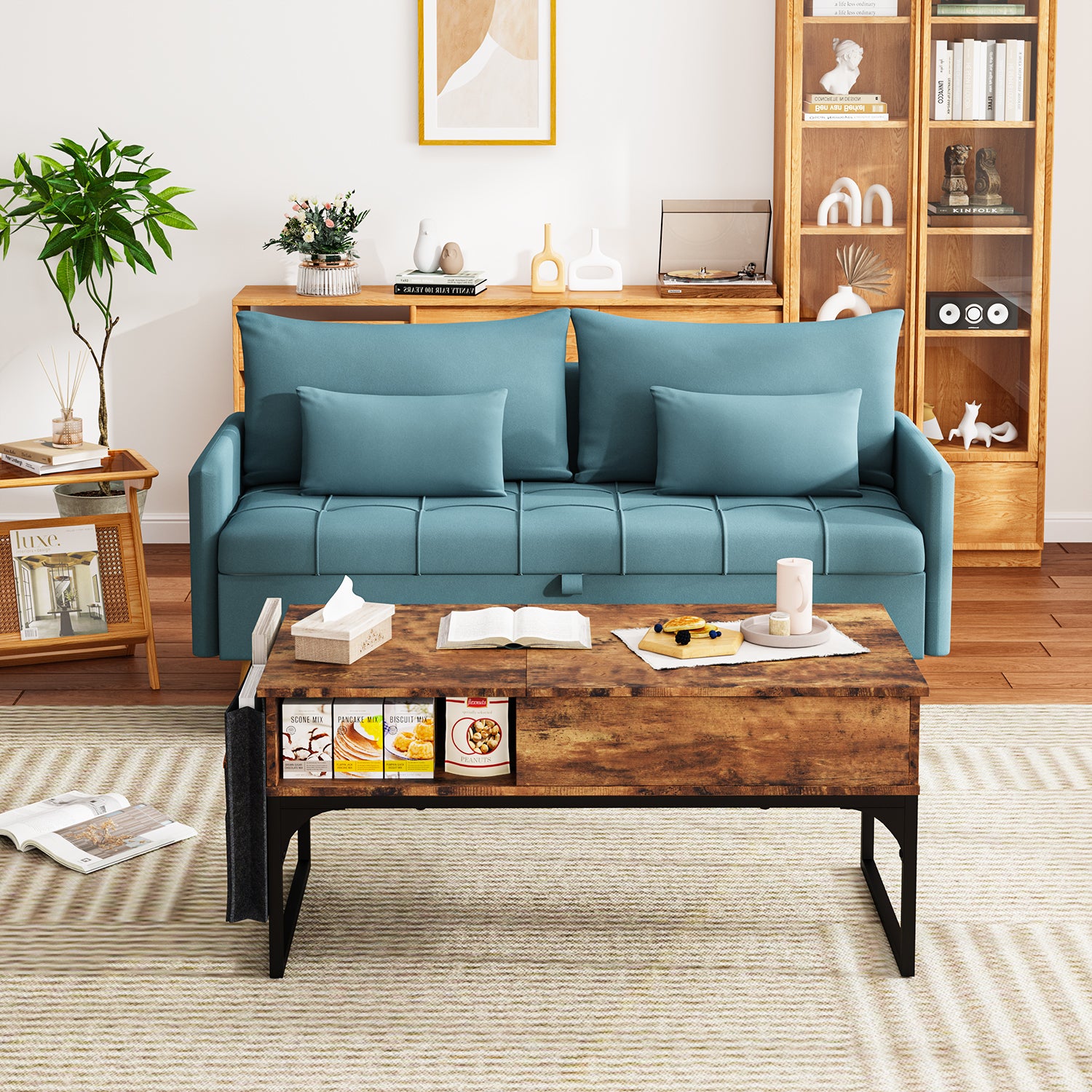 Sofá Moderno de Dos Plazas con Espacio de Almacenamiento Puertos de Carga USB y Tipo C, Y Dos Almohadas Azul