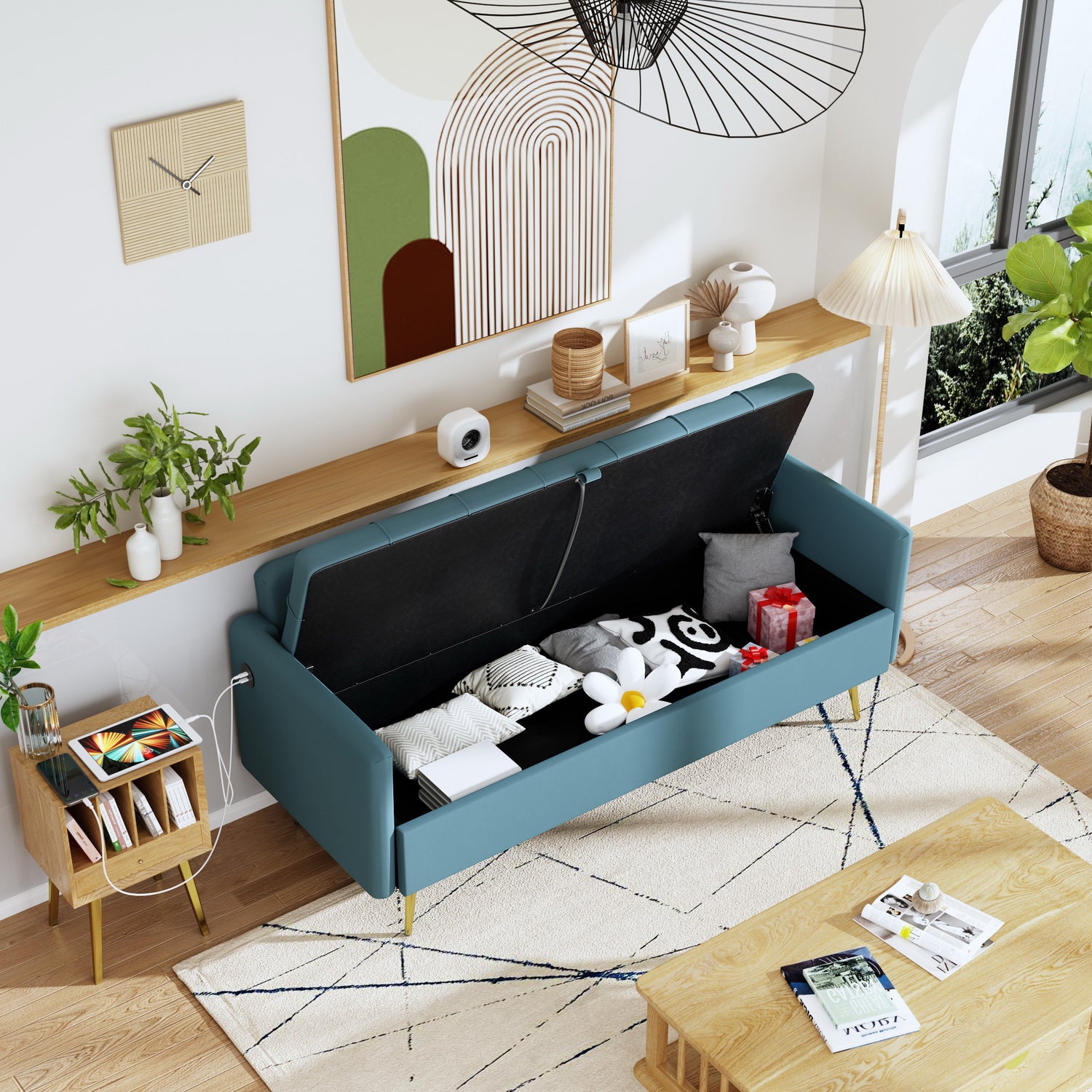 Sofá Moderno de Dos Plazas con Espacio de Almacenamiento Puertos de Carga USB y Tipo C, Y Dos Almohadas Azul