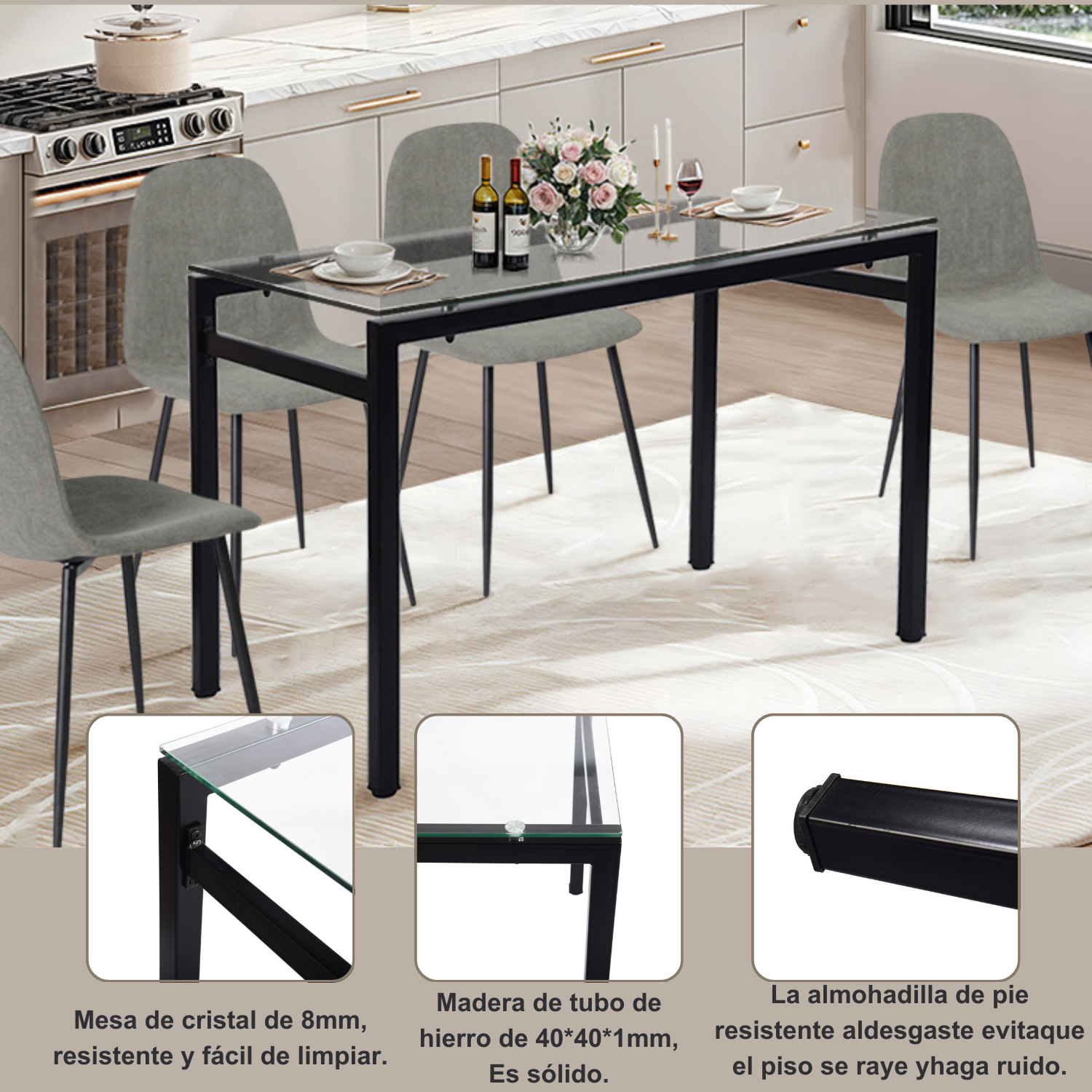 Mesa de Comedor 2-4 Personas Tablero de Vidrio Templado Estilo Moderno Apta para Comedor Cocina Se Puede Usar como Escritorio