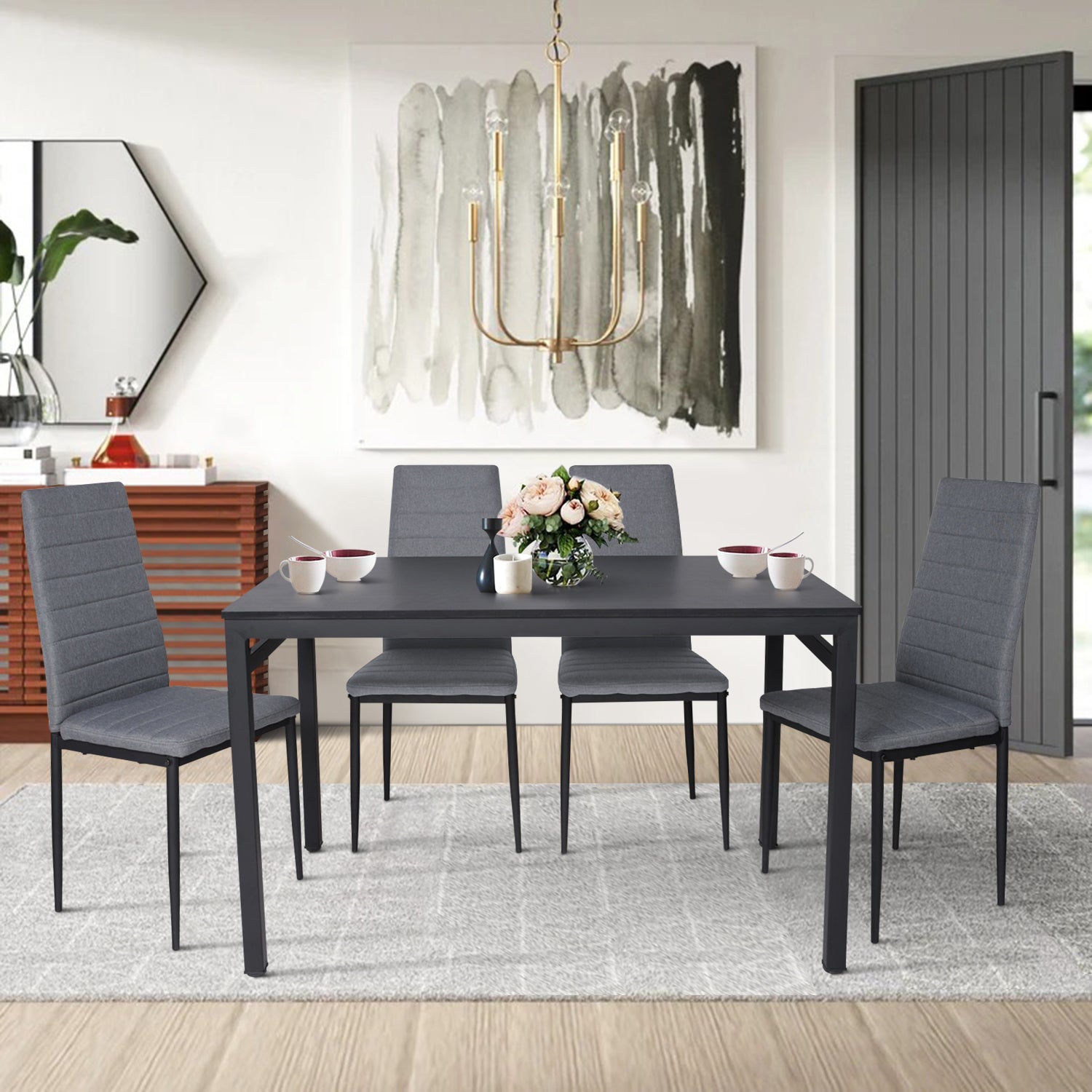 Mesa de Comedor 4-6 Personas Pies de Metal de Tubo de Hierro Estilo Moderno Todo Negro