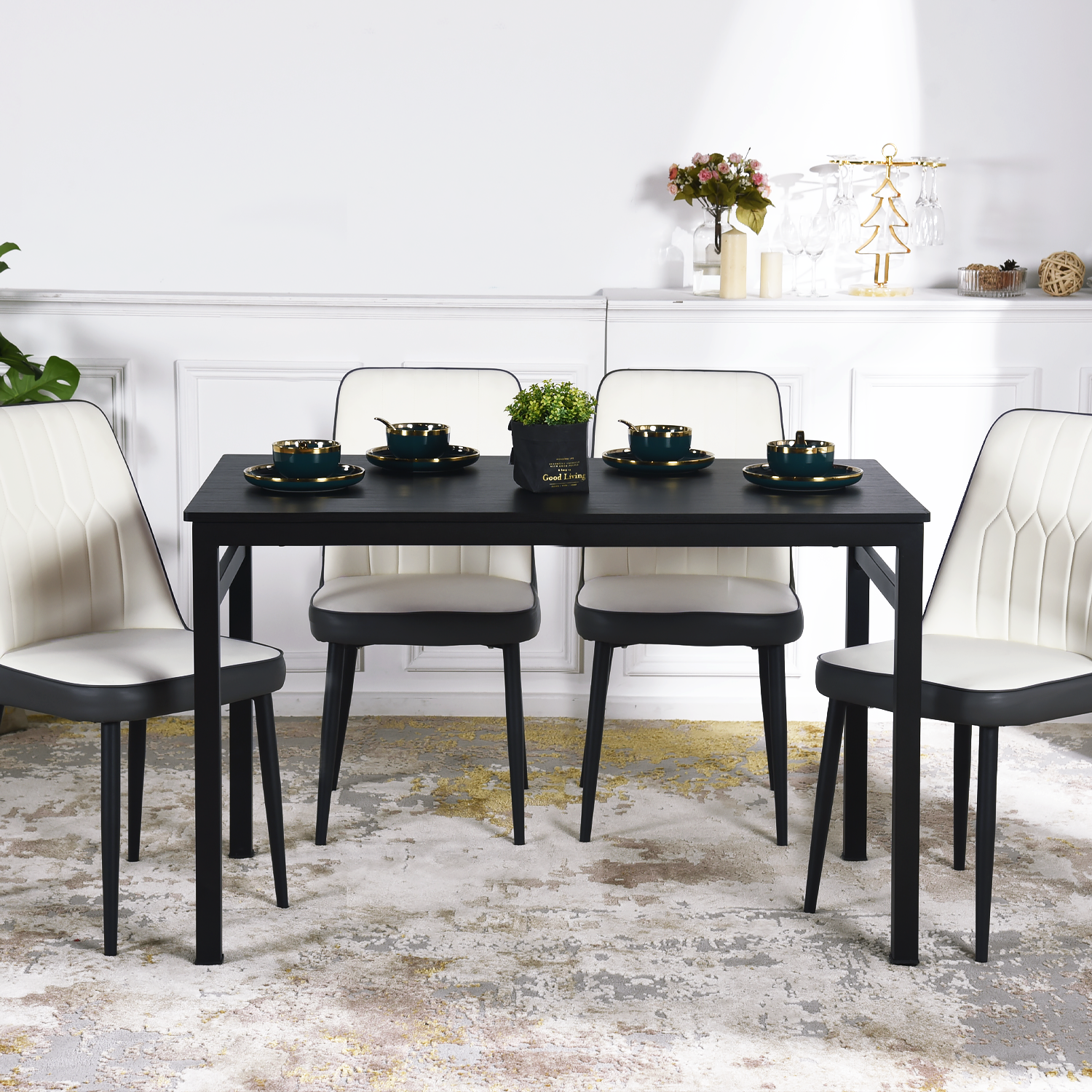 Mesa de Comedor 4-6 Personas Pies de Metal de Tubo de Hierro Estilo Moderno Todo Negro