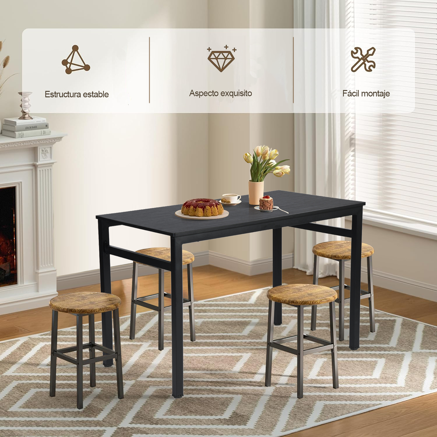 Mesa de Comedor 4-6 Personas Pies de Metal de Tubo de Hierro Estilo Moderno Todo Negro