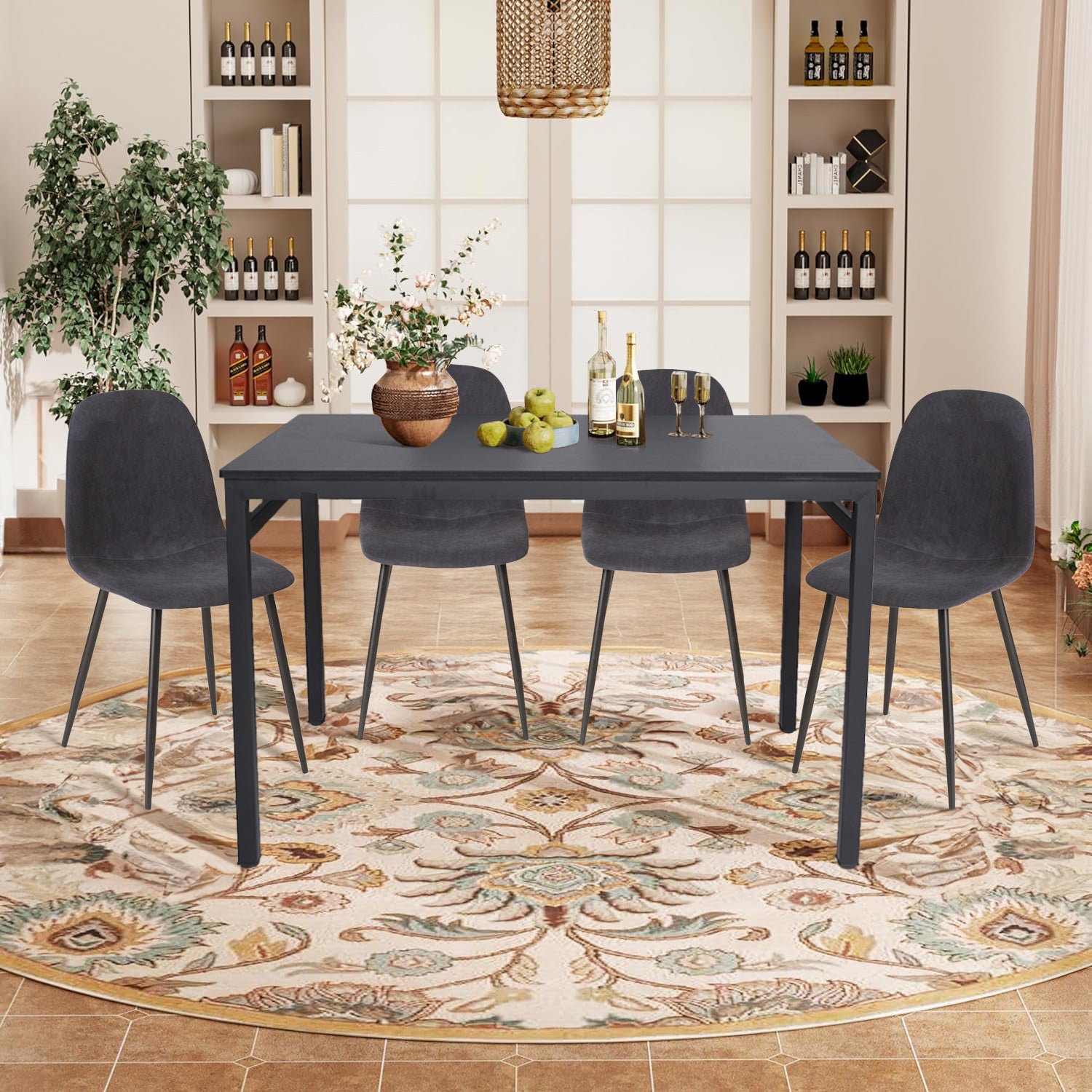 Mesa de Comedor 4-6 Personas Pies de Metal de Tubo de Hierro Estilo Moderno Todo Negro