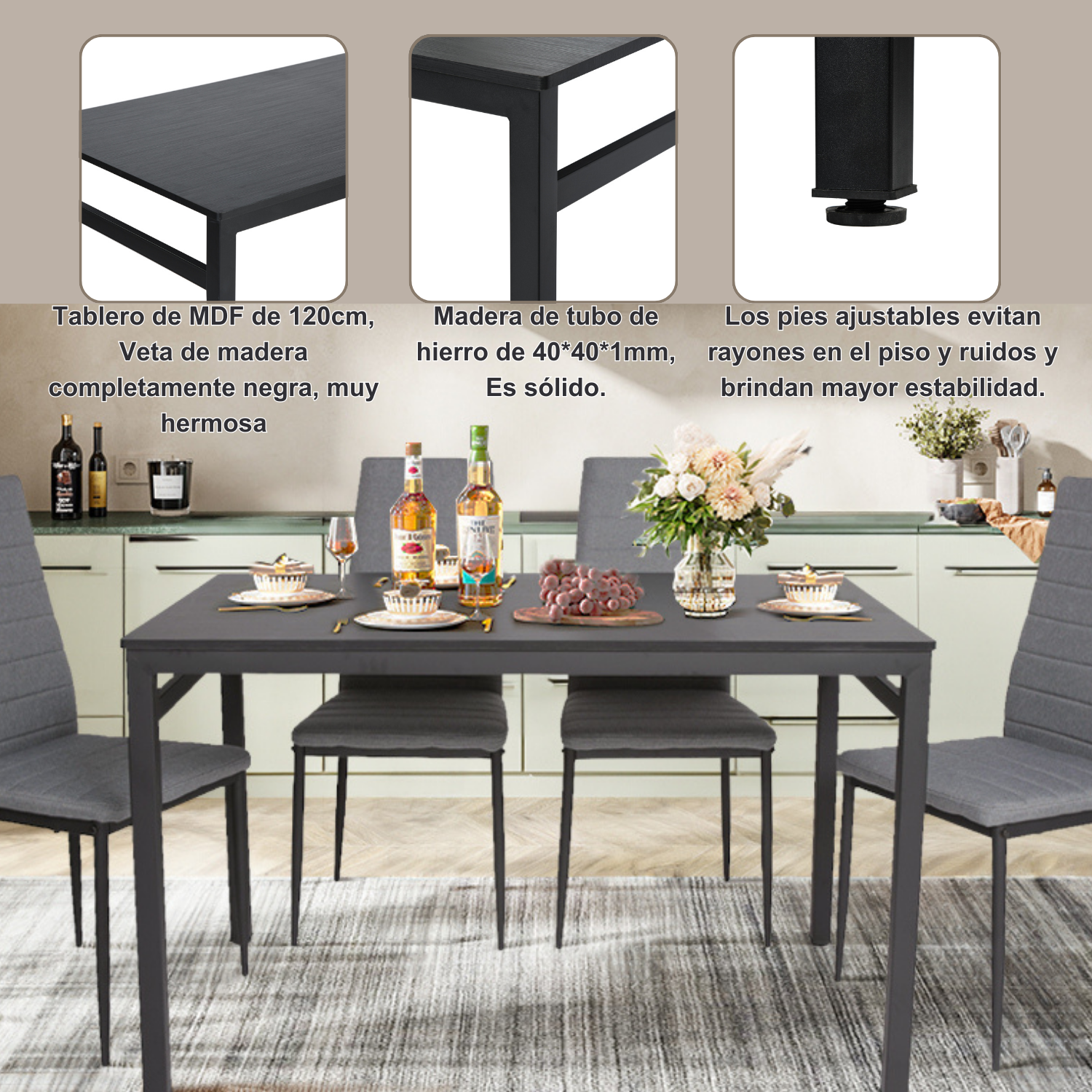 Mesa de Comedor 4-6 Personas Pies de Metal de Tubo de Hierro Estilo Moderno Todo Negro