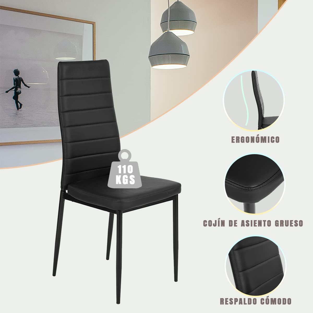 Silla de Comedor de Cuatro Piezas Diseño Simple sin Brazos y con Respaldo Alto Negro