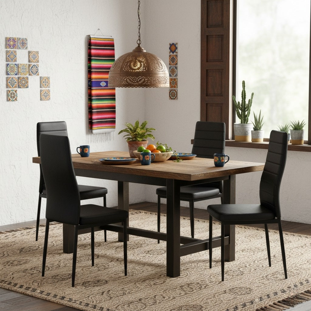 Silla de Comedor de Cuatro Piezas Diseño Simple sin Brazos y con Respaldo Alto Negro