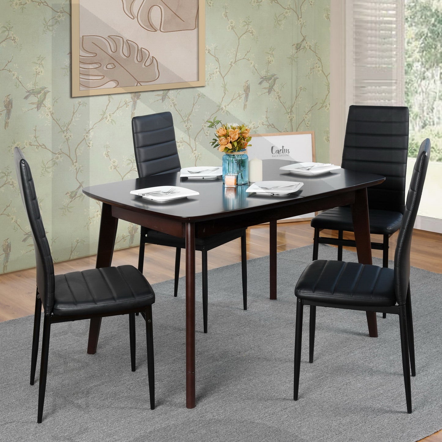 Silla de Comedor de Cuatro Piezas Diseño Simple sin Brazos y con Respaldo Alto Negro