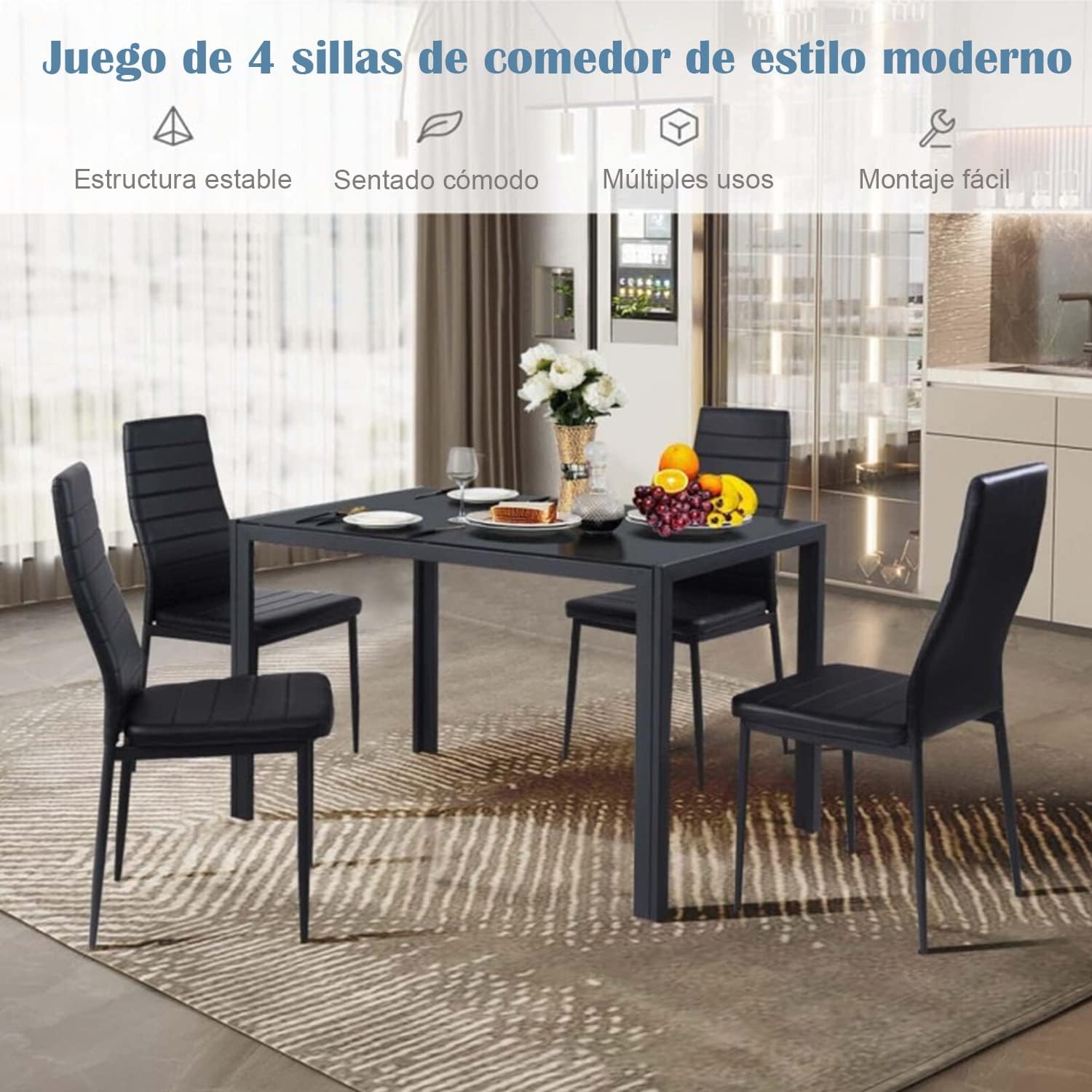 Silla de Comedor de Cuatro Piezas Diseño Simple sin Brazos y con Respaldo Alto Negro