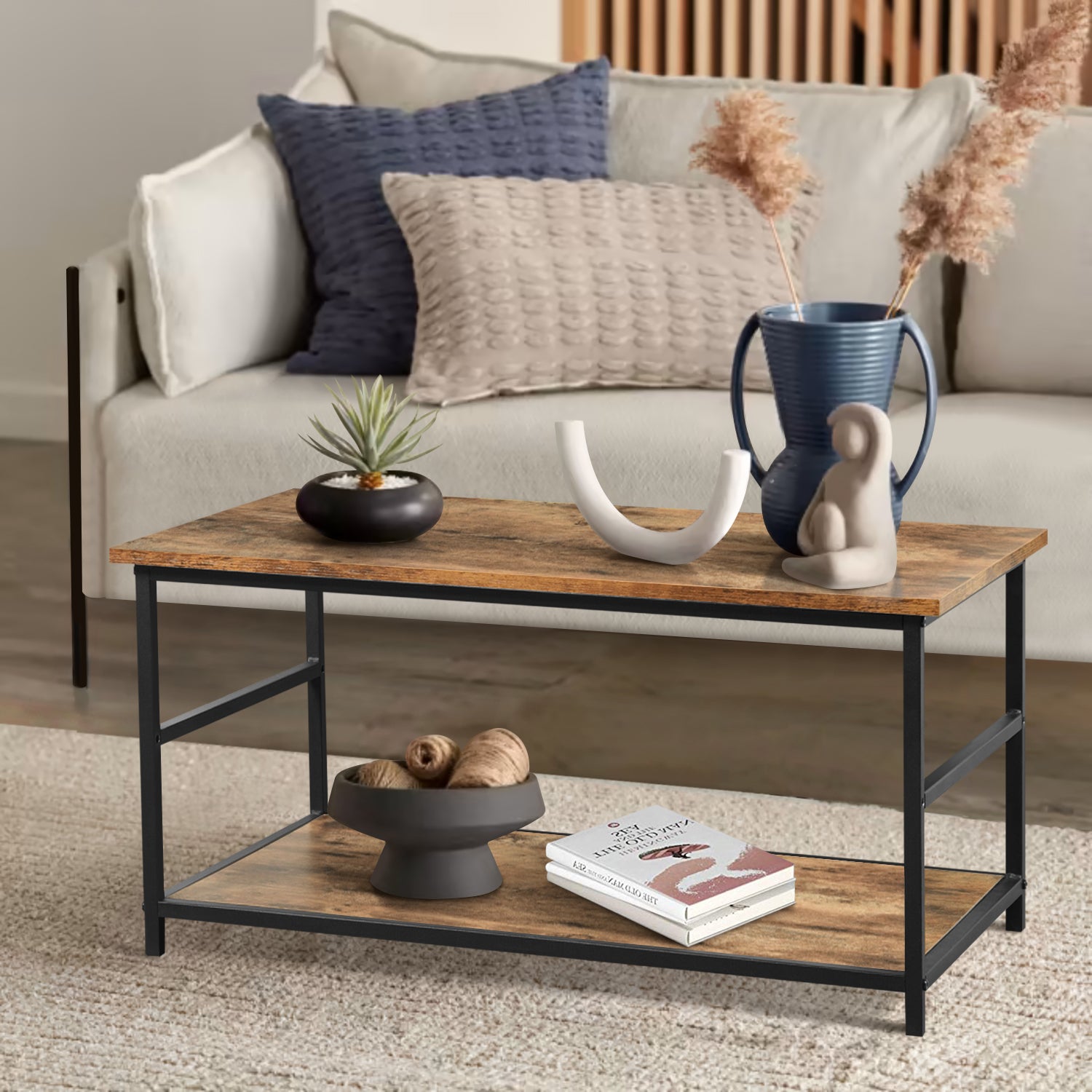 Mesa de Centro de Dos Niveles con Almacenamiento Ajustable Vintage