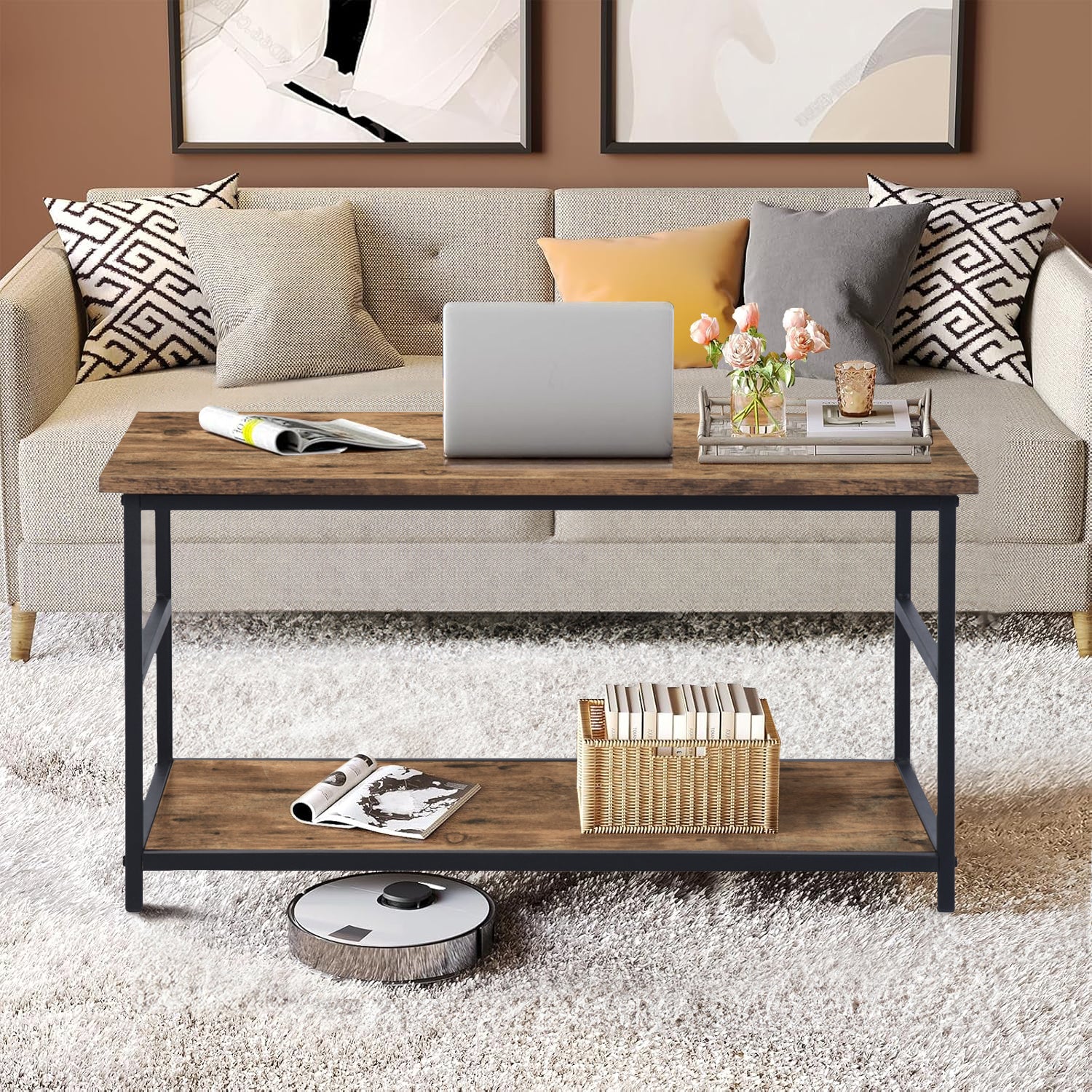 Mesa de Centro de Dos Niveles con Almacenamiento Ajustable Vintage