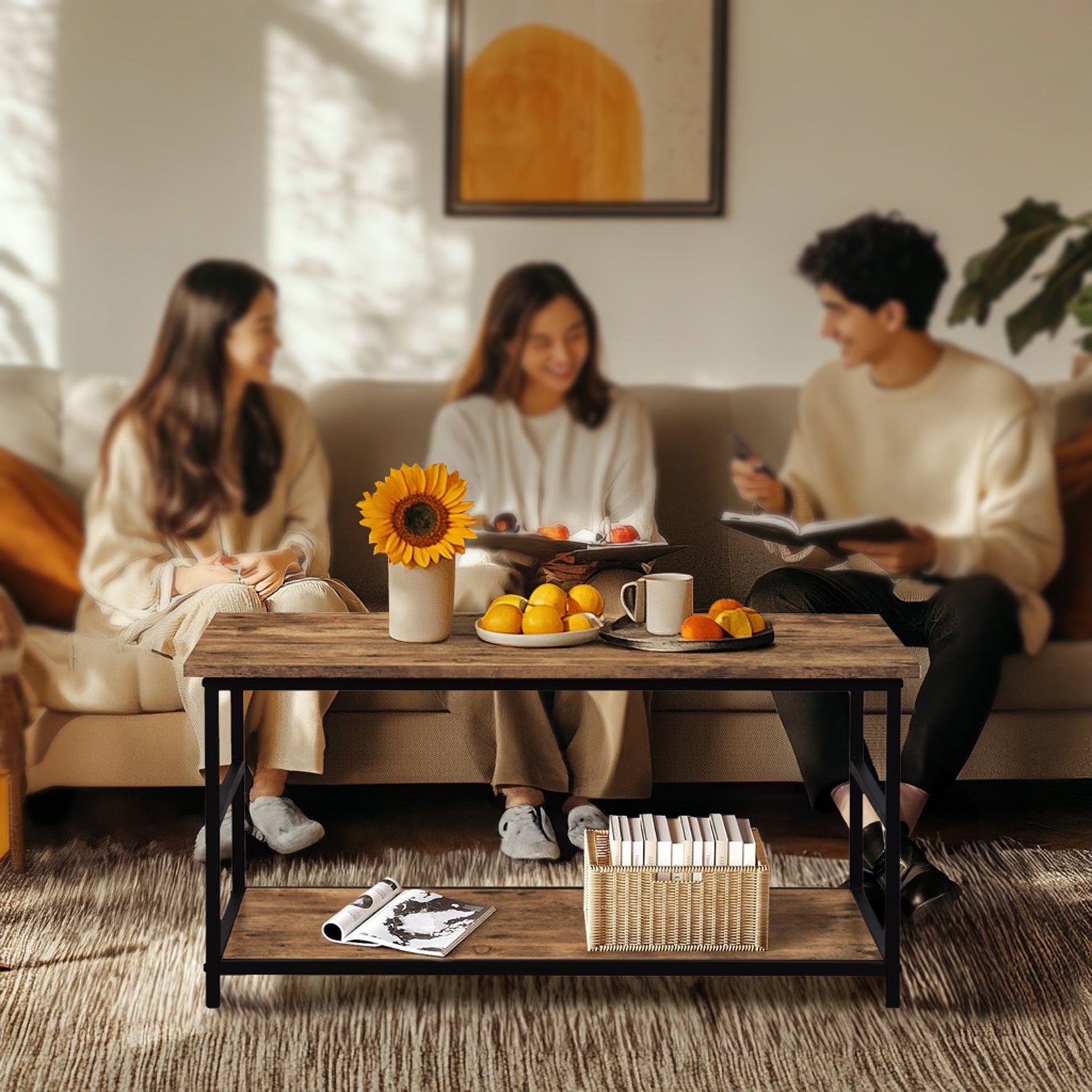 Mesa de Centro de Dos Niveles con Almacenamiento Ajustable Vintage