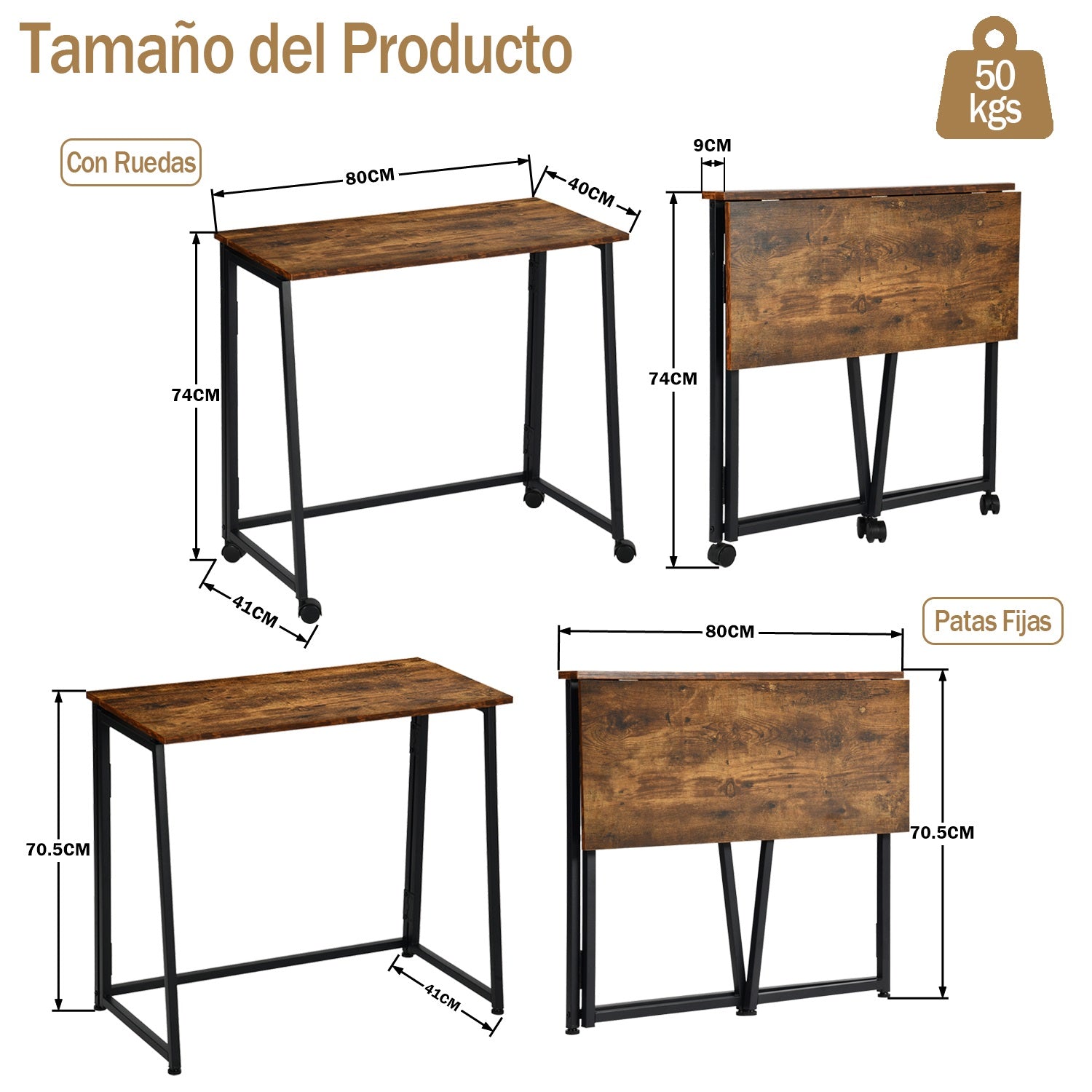 Escritorio Plegable con Ruedas 80 x 44 x 74 cm (Vintage)
