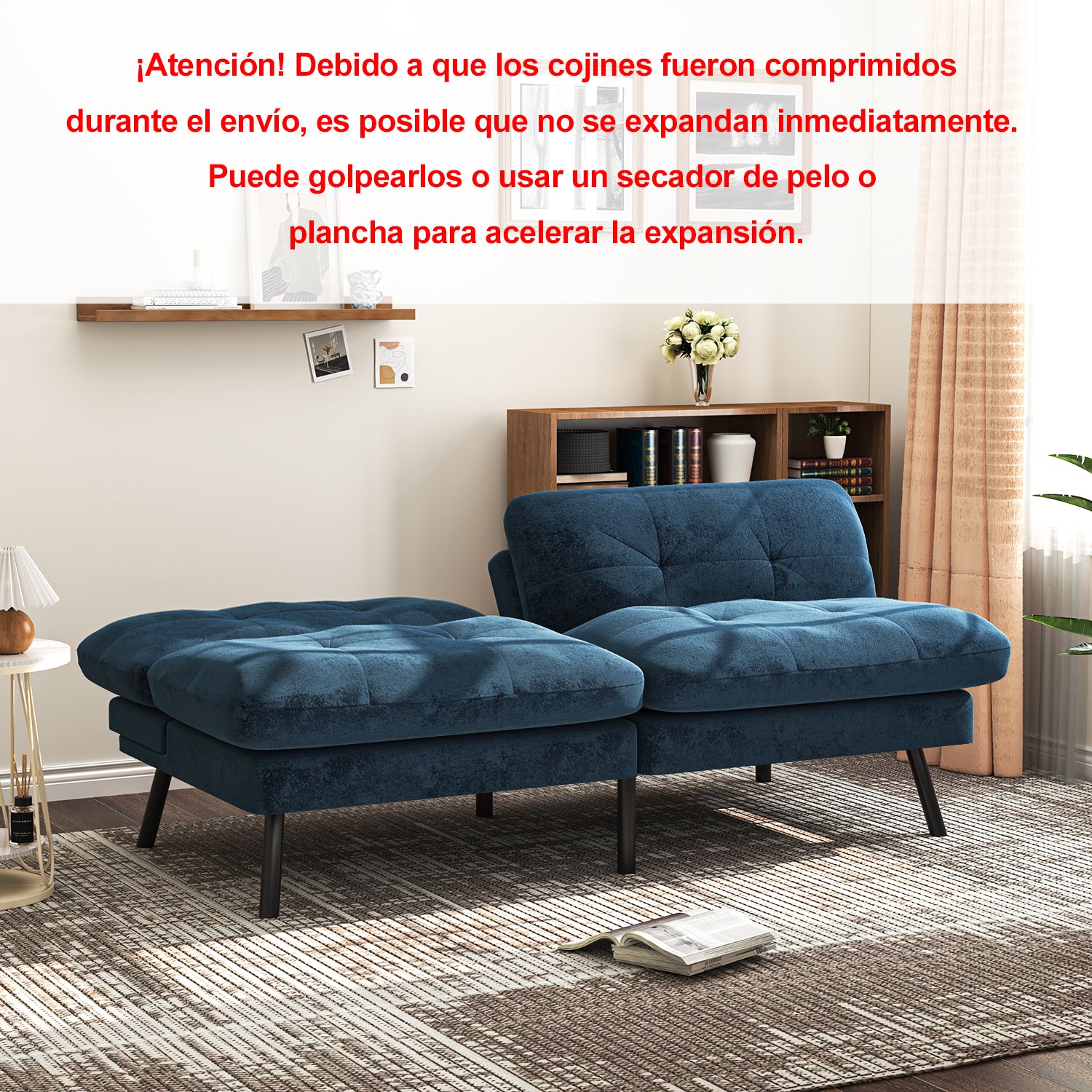 Sofá Cama para 2 Personas con Respaldo Doble Ajustable 120-180 Grados Para Sala de Estar y Dormitorio Lino Azul