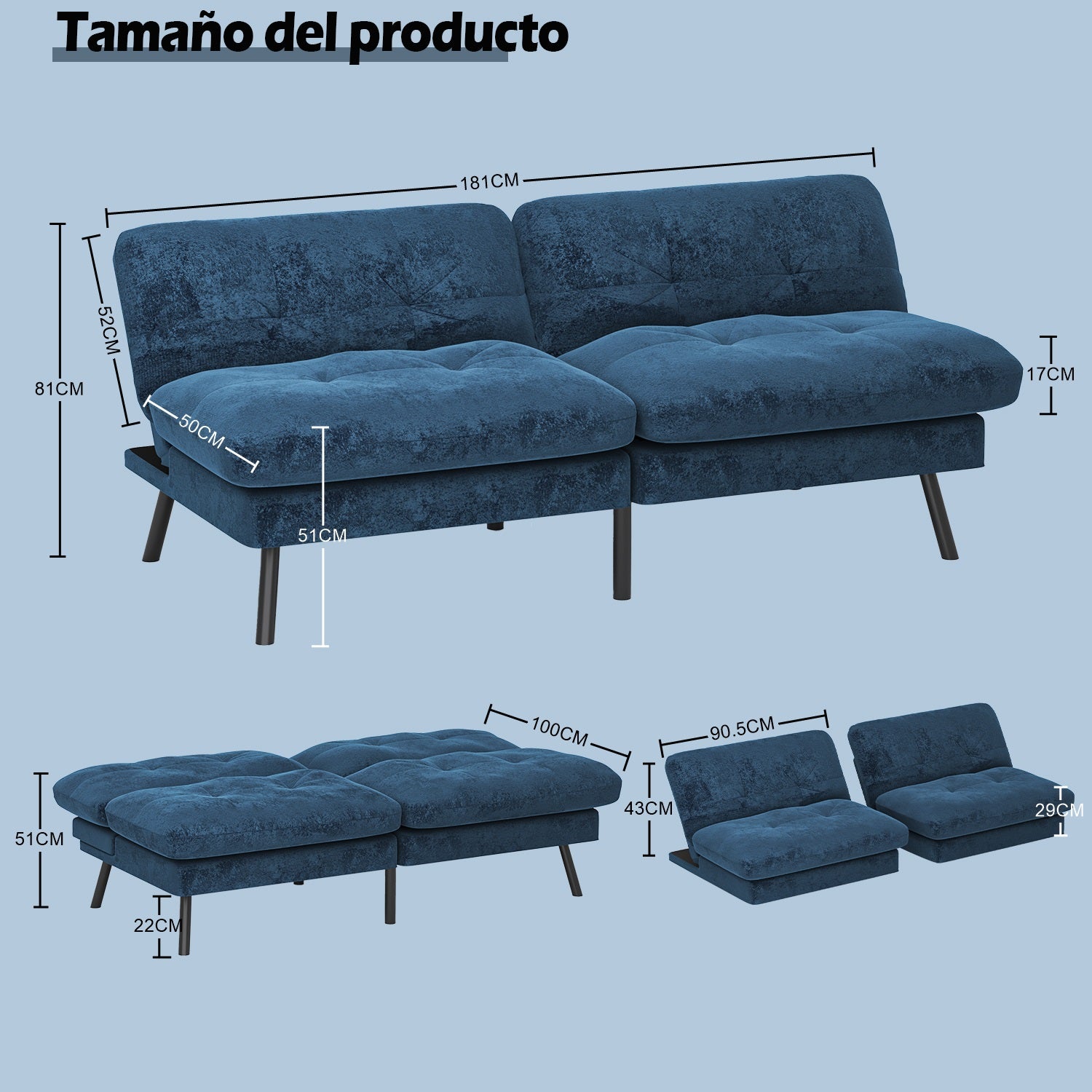 Sofá Cama para 2 Personas con Respaldo Doble Ajustable 120-180 Grados Para Sala de Estar y Dormitorio Lino Azul