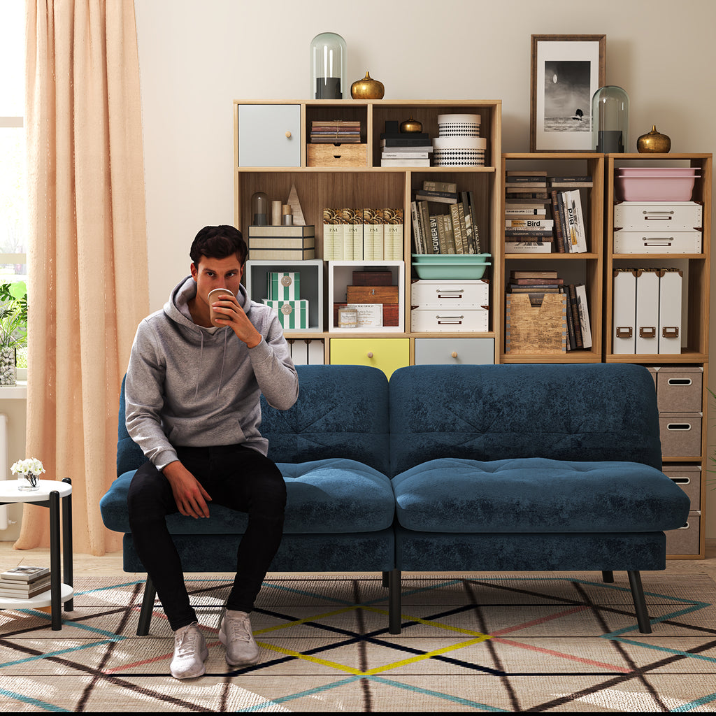 Sofá Cama para 2 Personas con Respaldo Doble Ajustable 120-180 Grados Para Sala de Estar y Dormitorio Lino Azul