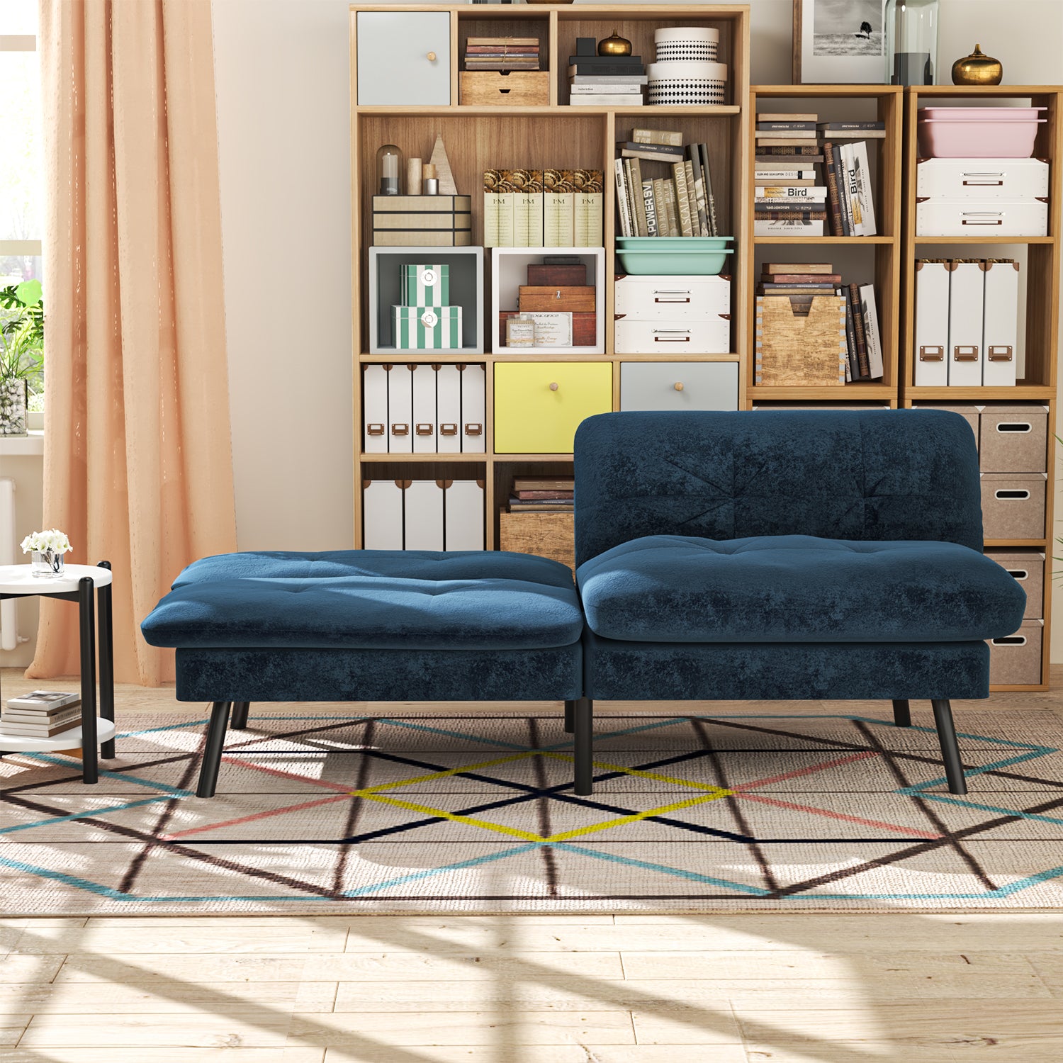 Sofá Cama para 2 Personas con Respaldo Doble Ajustable 120-180 Grados Para Sala de Estar y Dormitorio Lino Azul