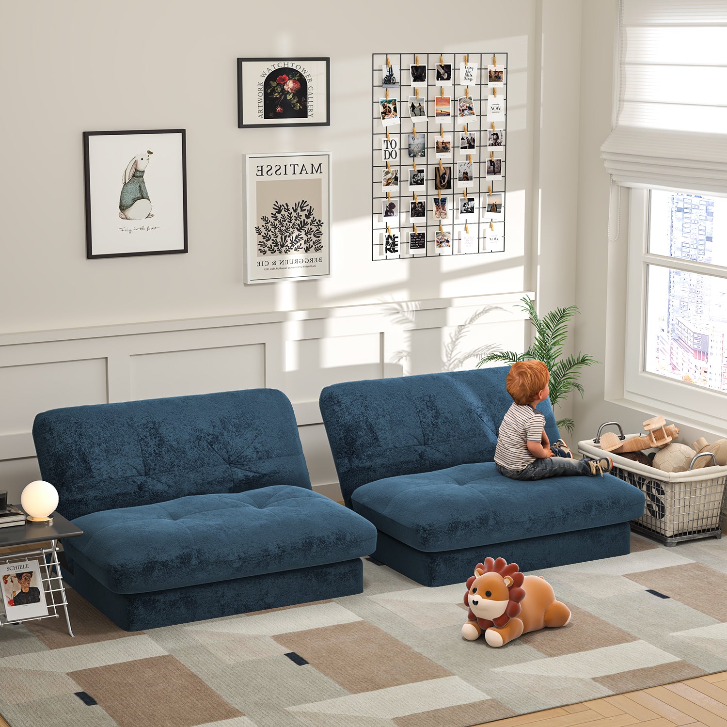 Sofá Cama para 2 Personas con Respaldo Doble Ajustable 120-180 Grados Para Sala de Estar y Dormitorio Lino Azul