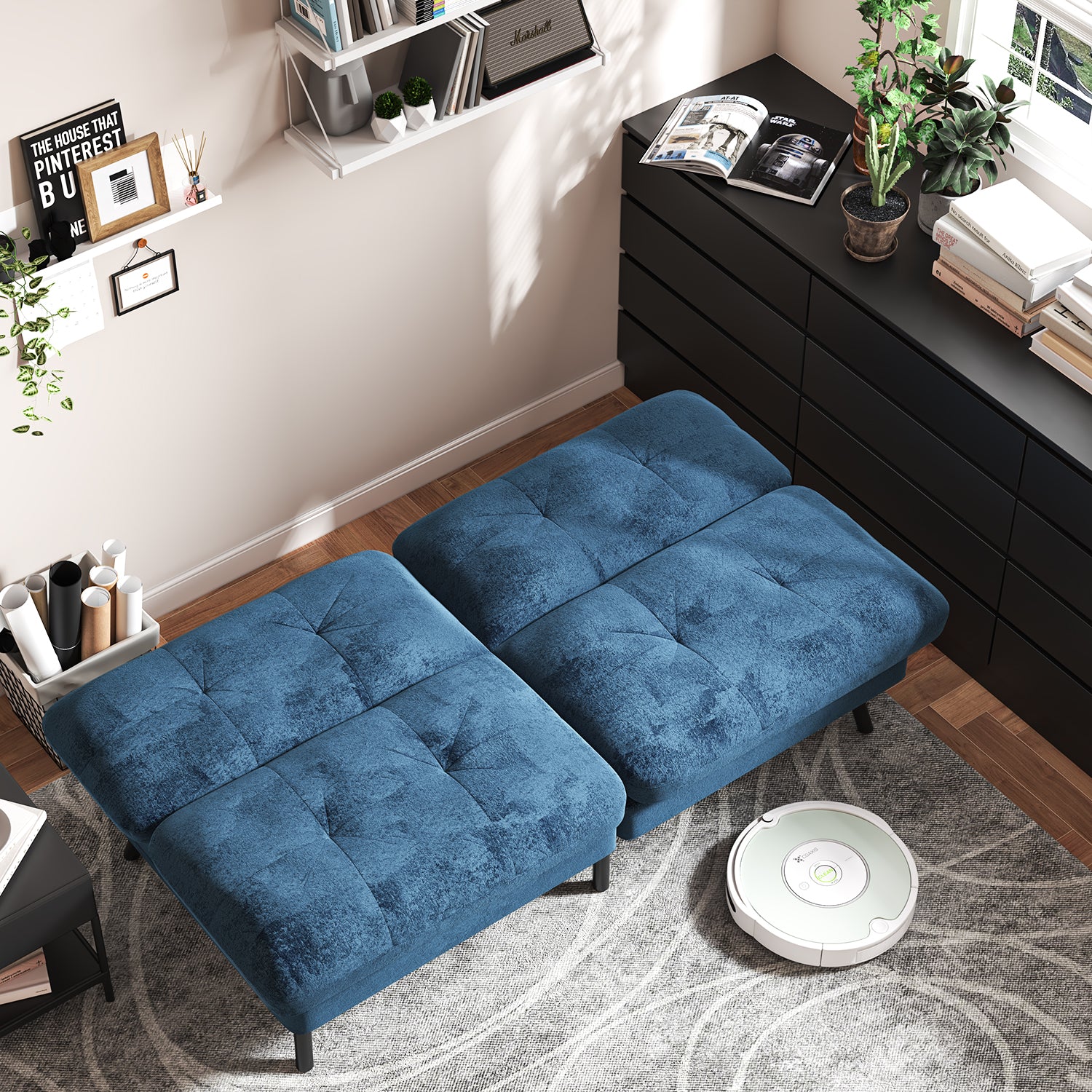 Sofá Cama para 2 Personas con Respaldo Doble Ajustable 120-180 Grados Para Sala de Estar y Dormitorio Lino Azul