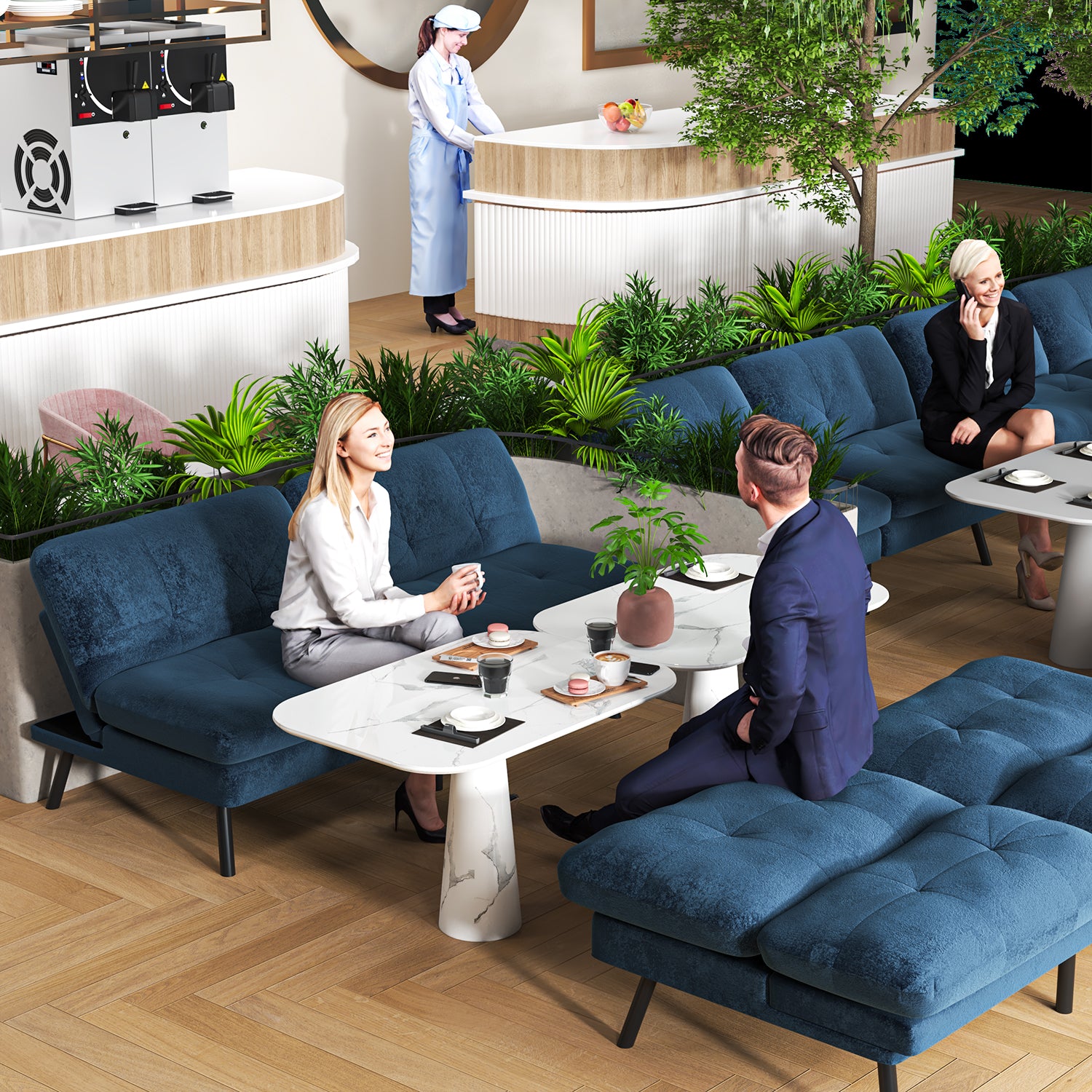 Sofá Cama para 2 Personas con Respaldo Doble Ajustable 120-180 Grados Para Sala de Estar y Dormitorio Lino Azul