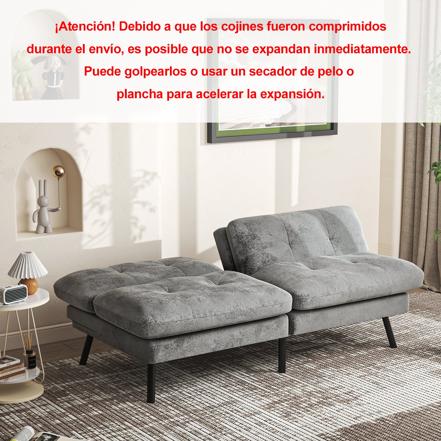 Sofá Cama para 2 Personas con Respaldo Doble Ajustable 120-180 Grados Para Sala de Estar y Dormitorio Lino Gris