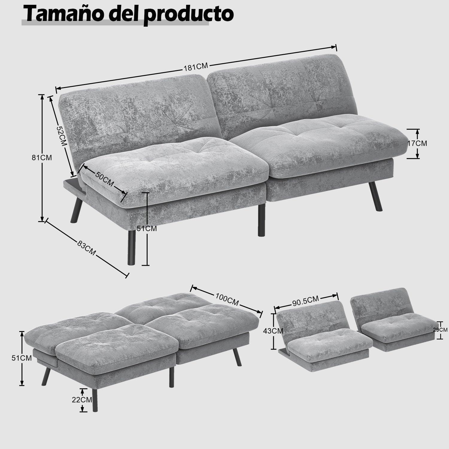 Sofá Cama para 2 Personas con Respaldo Doble Ajustable 120-180 Grados Para Sala de Estar y Dormitorio Lino Gris