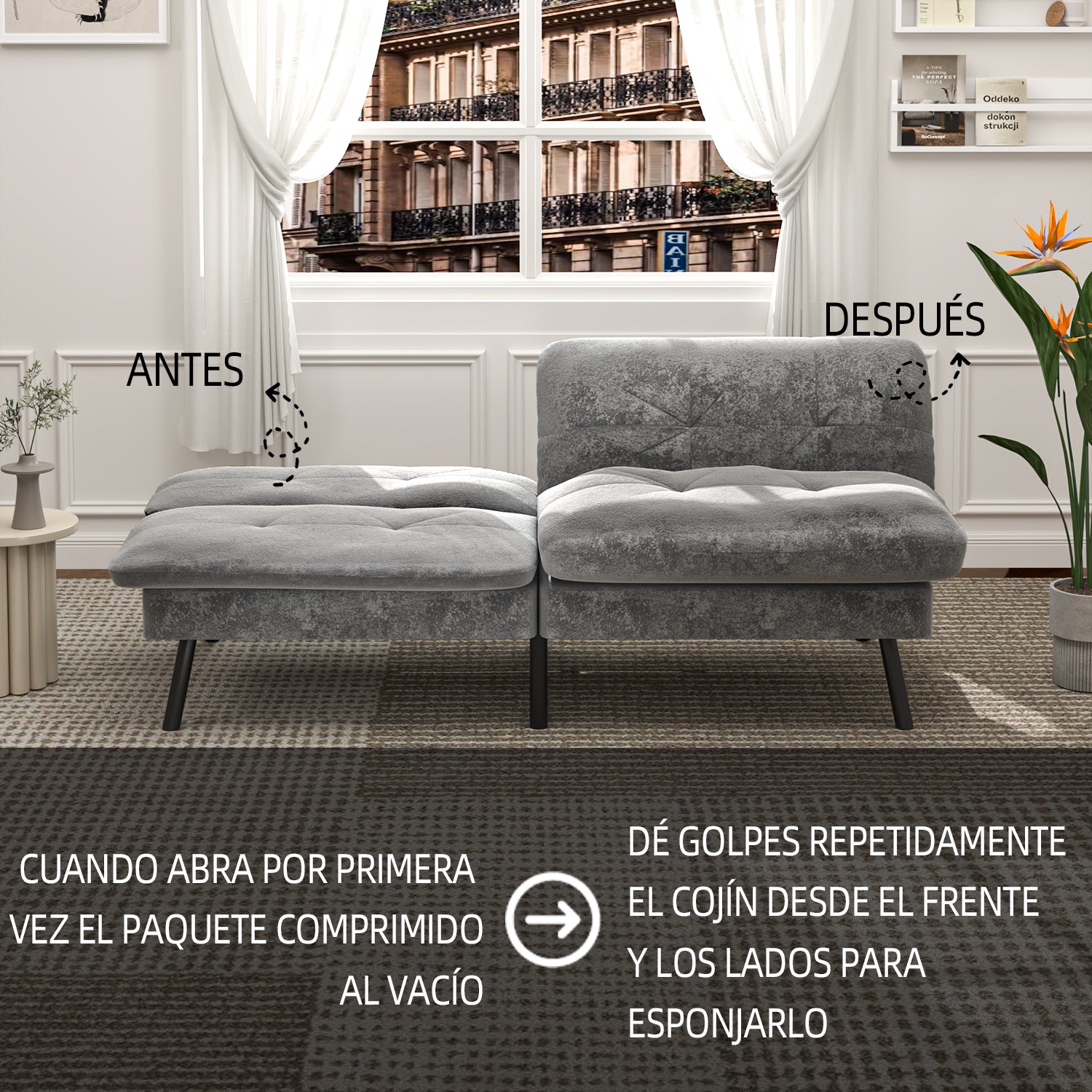 Sofá Cama para 2 Personas con Respaldo Doble Ajustable 120-180 Grados Para Sala de Estar y Dormitorio Lino Gris