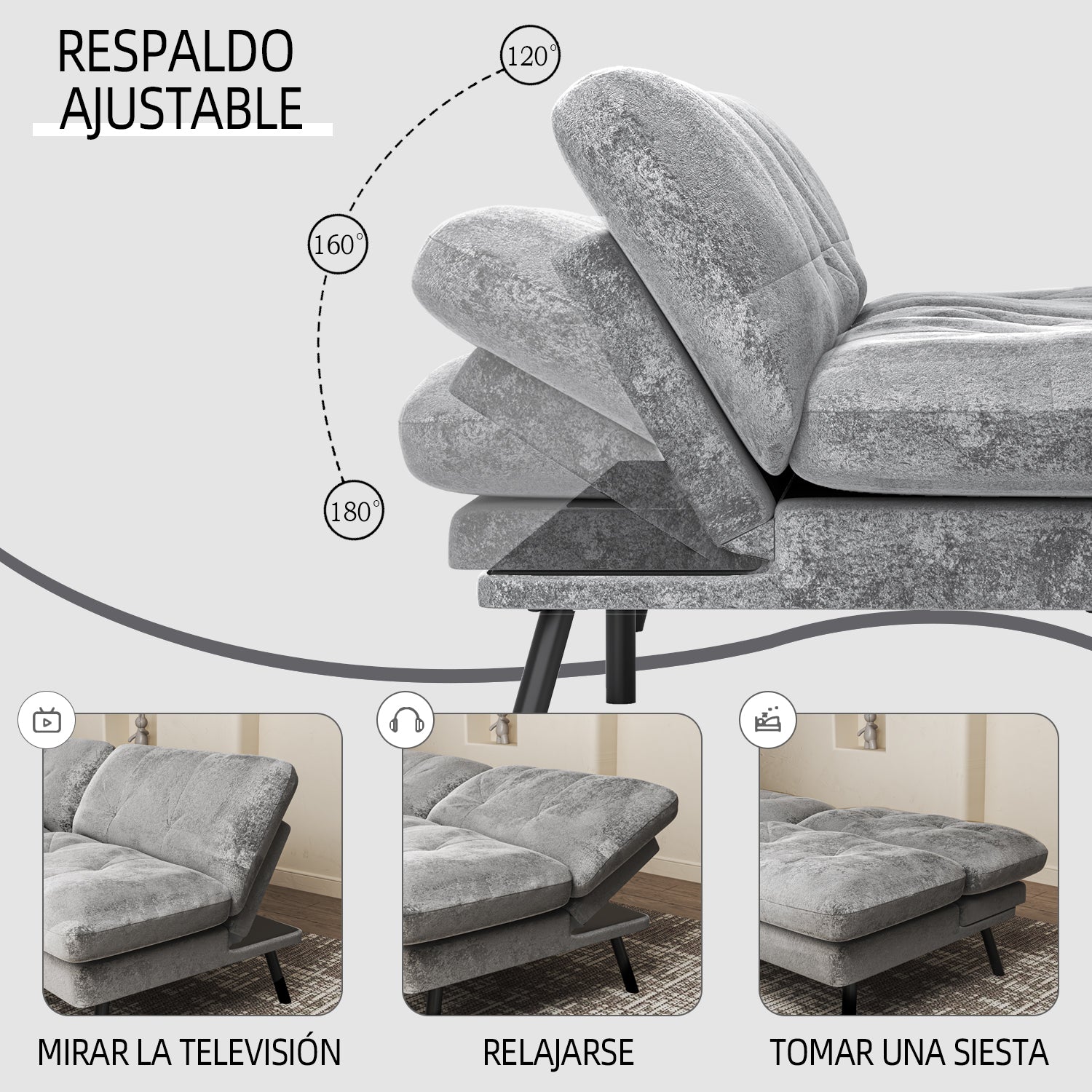 Sofá Cama para 2 Personas con Respaldo Doble Ajustable 120-180 Grados Para Sala de Estar y Dormitorio Lino Gris