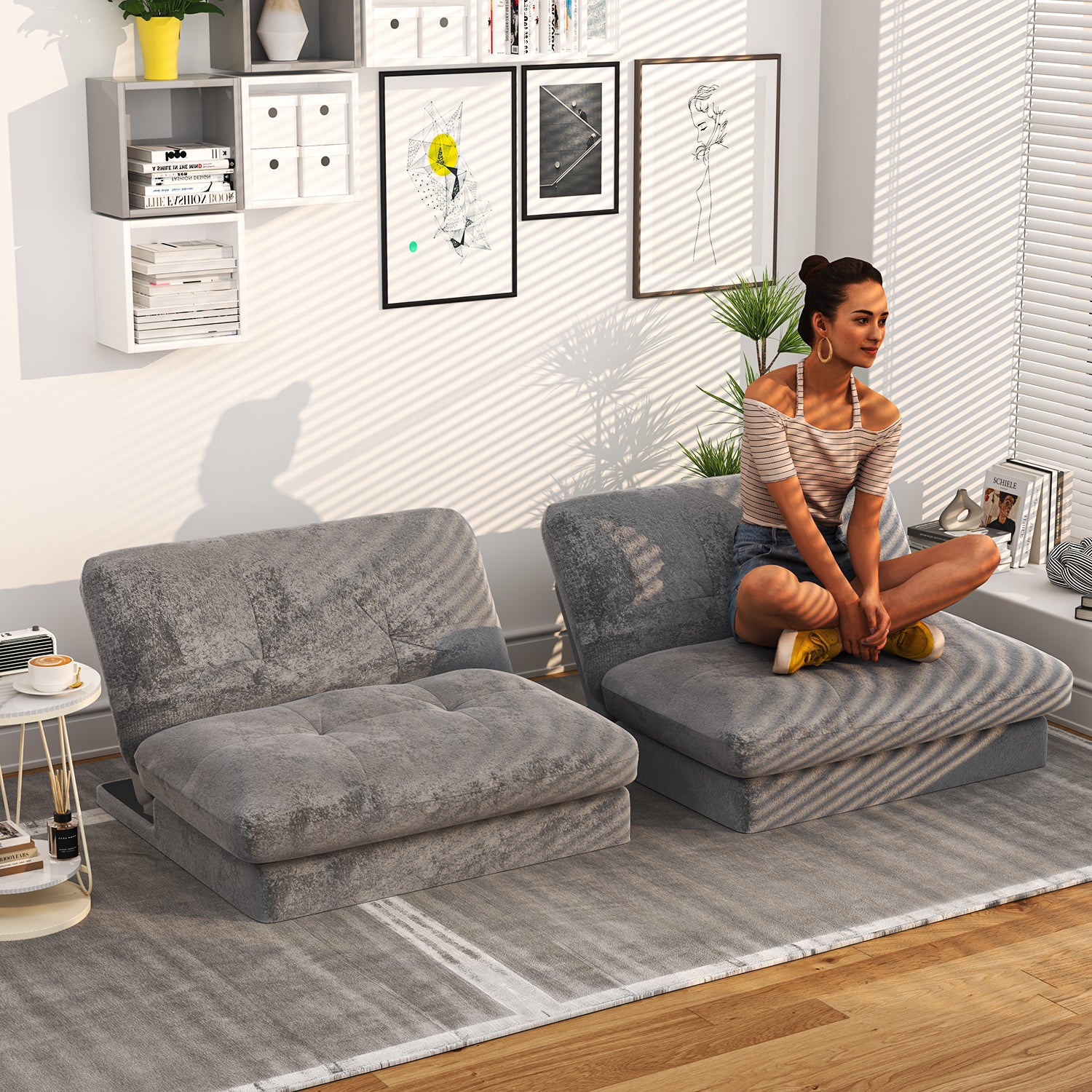 Sofá Cama para 2 Personas con Respaldo Doble Ajustable 120-180 Grados Para Sala de Estar y Dormitorio Lino Gris