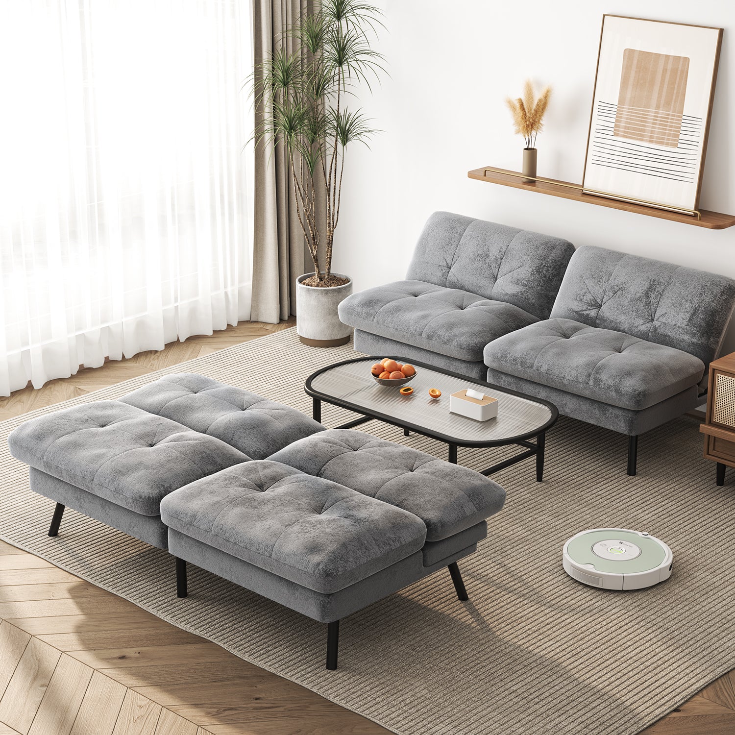 Sofá Cama para 2 Personas con Respaldo Doble Ajustable 120-180 Grados Para Sala de Estar y Dormitorio Lino Gris