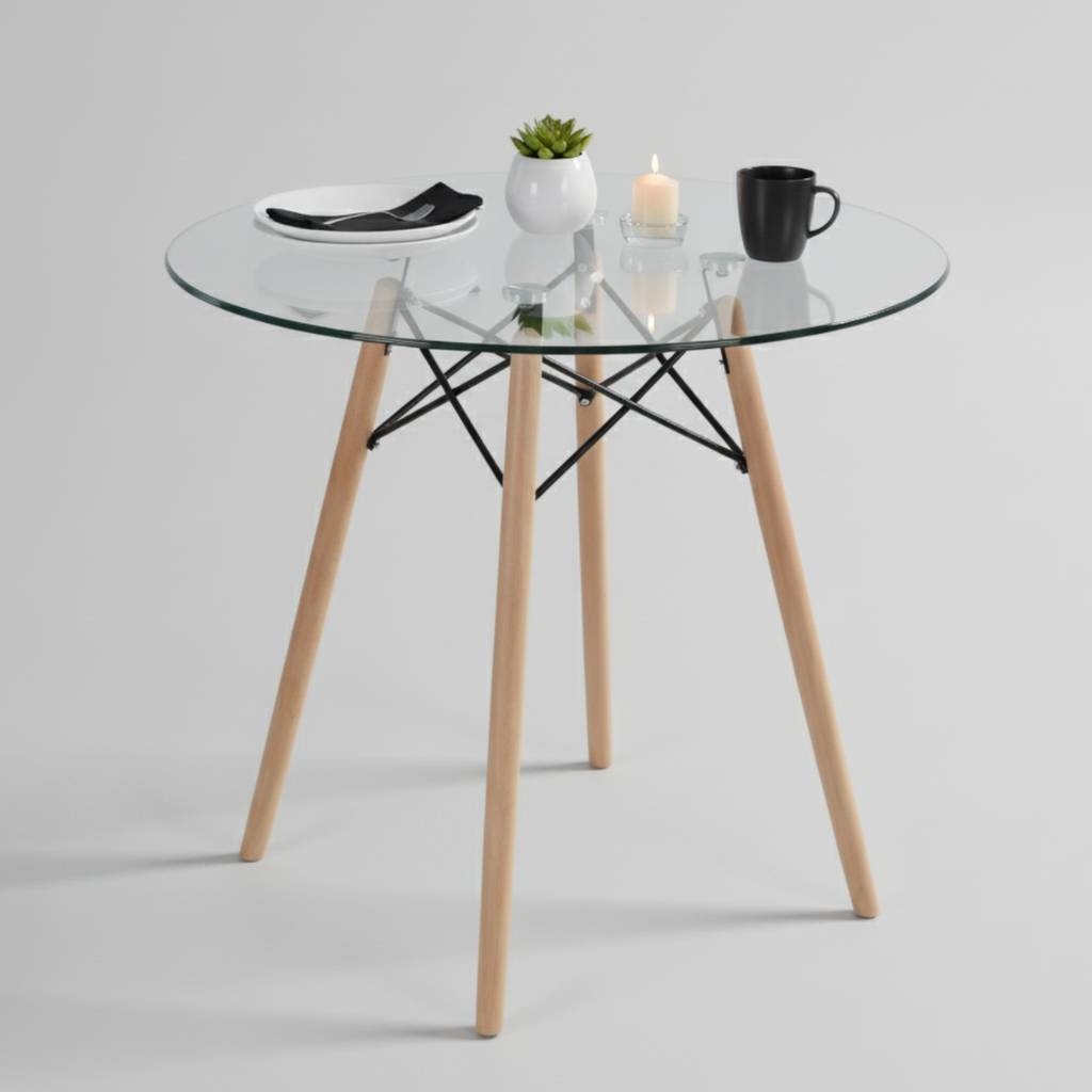 Mesa de Comedor Redonda de Vidrio Para 2-4 Personas Ideal Para el Hogar y el Trabajo (Vidrio + Base Natural)