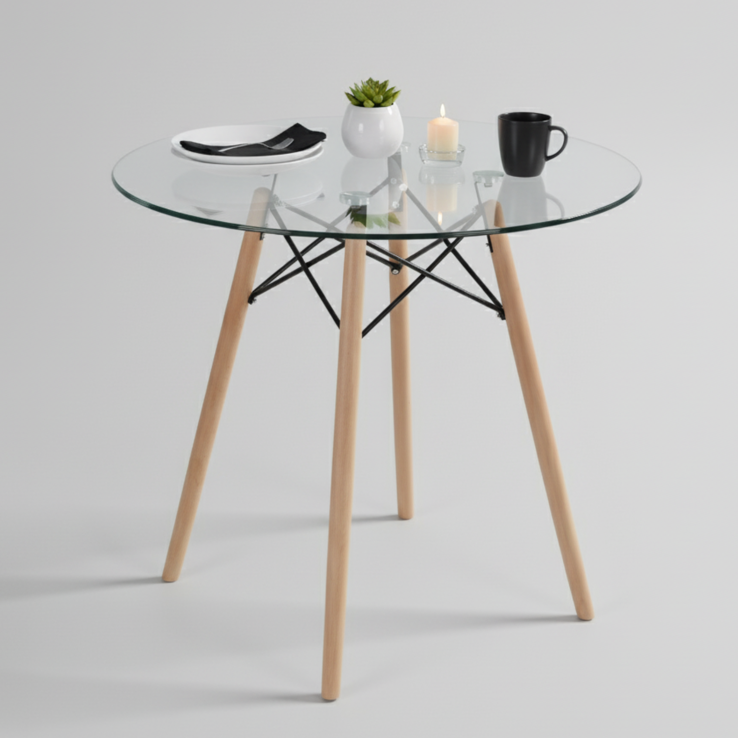 Mesa de Comedor Redonda de Vidrio Para 2-4 Personas Ideal Para el Hogar y el Trabajo (Vidrio + Base Natural)