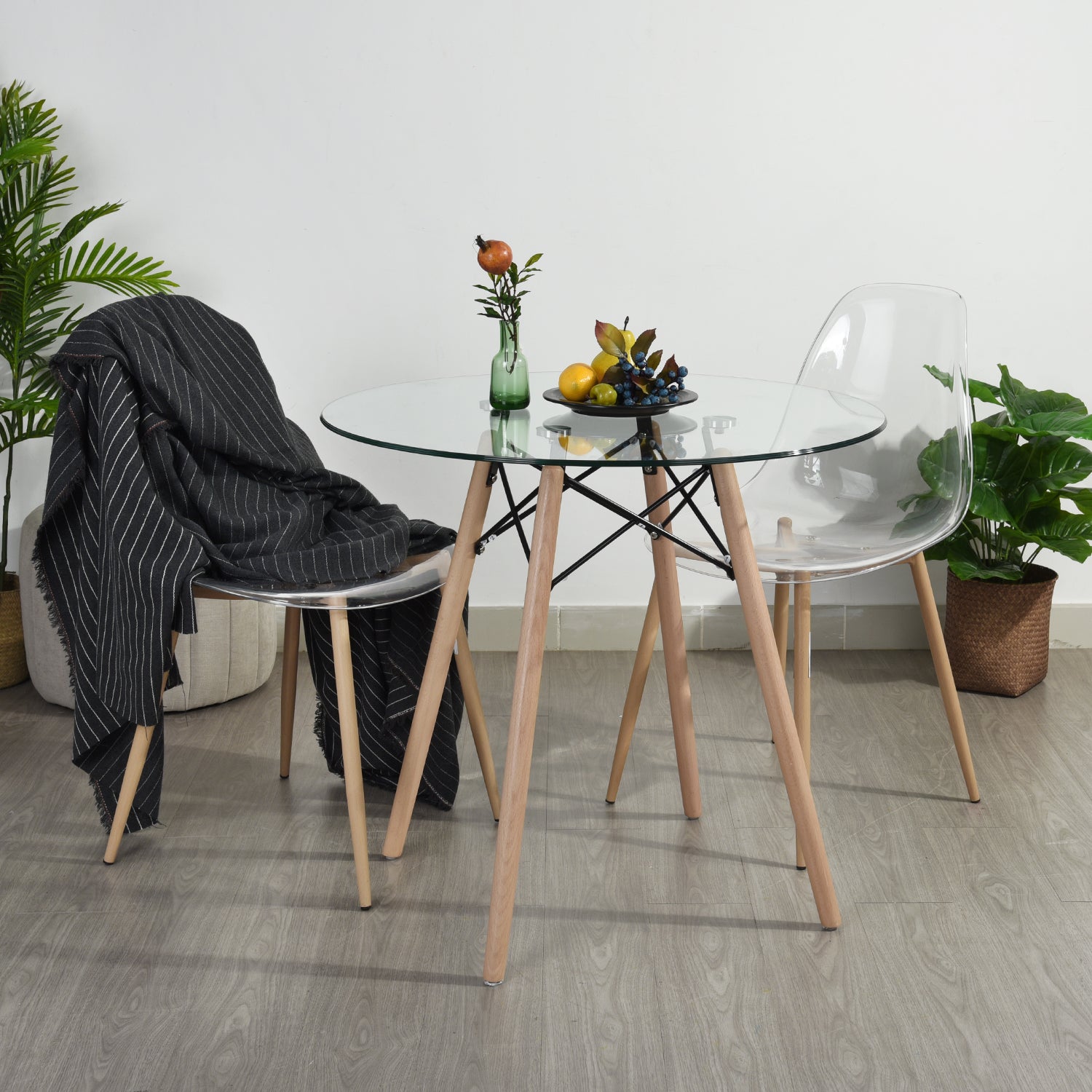 Mesa de Comedor Redonda de Vidrio Para 2-4 Personas Ideal Para el Hogar y el Trabajo (Vidrio + Base Natural)