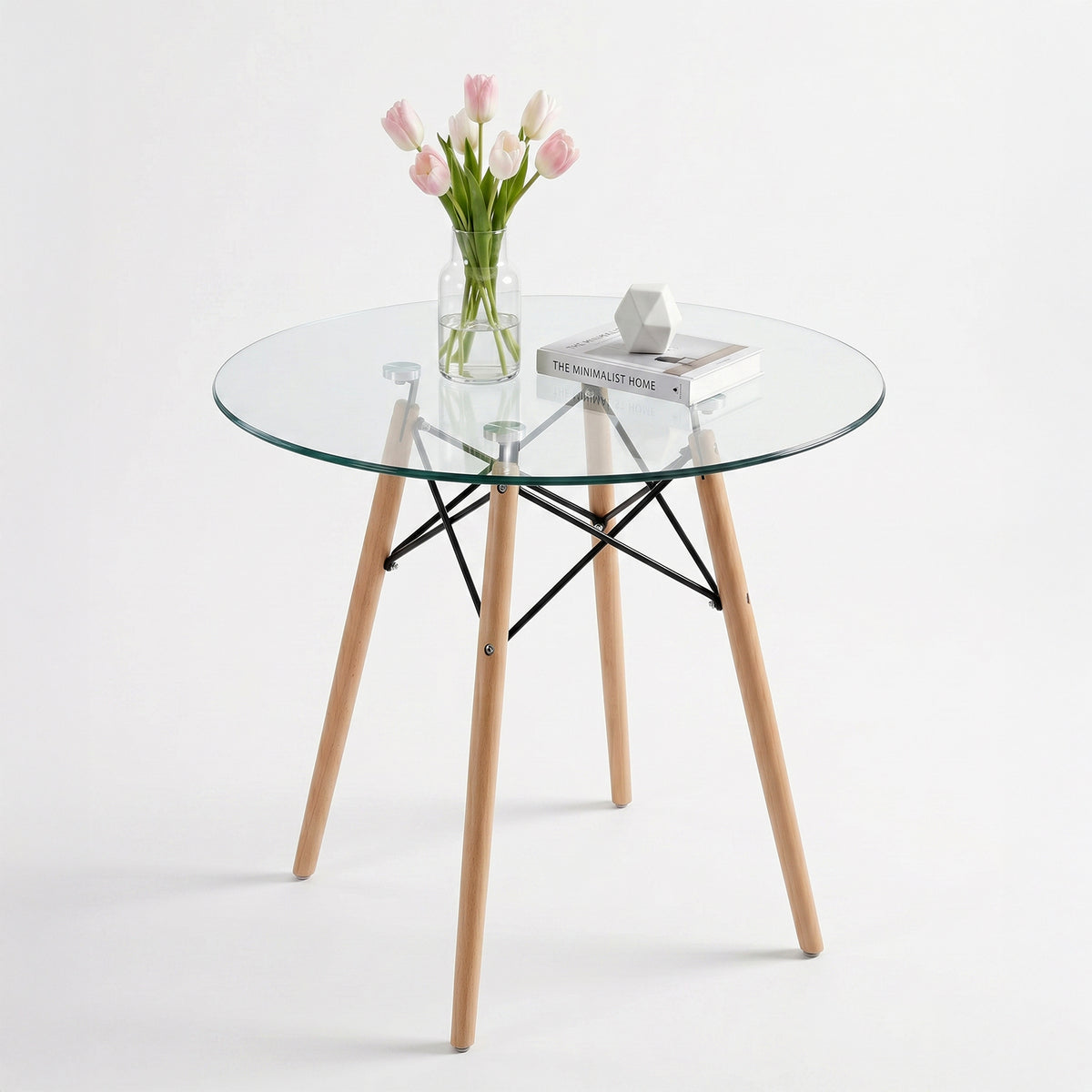 Mesa de Comedor Redonda de Vidrio Para 2-4 Personas (Vidrio + Base Natural)