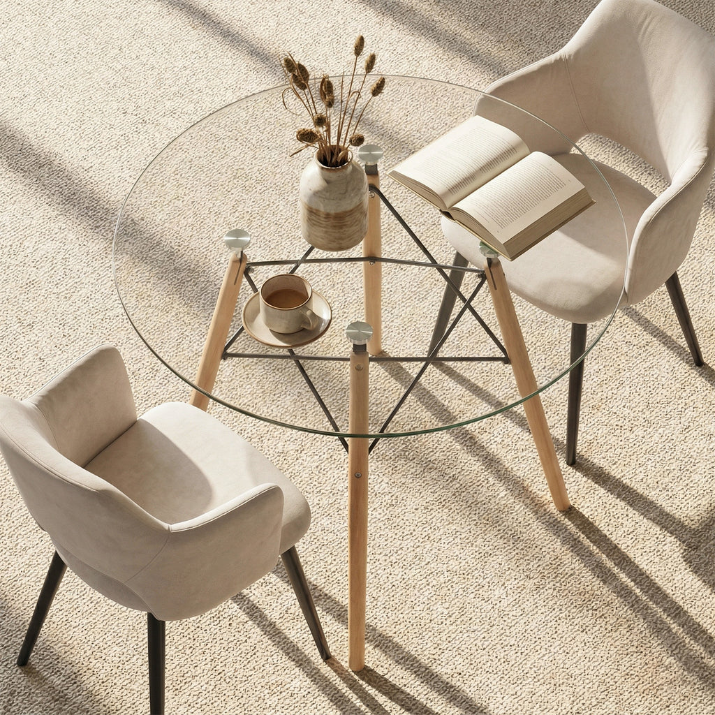 Mesa de Comedor Redonda de Vidrio Para 2-4 Personas (Vidrio + Base Natural)