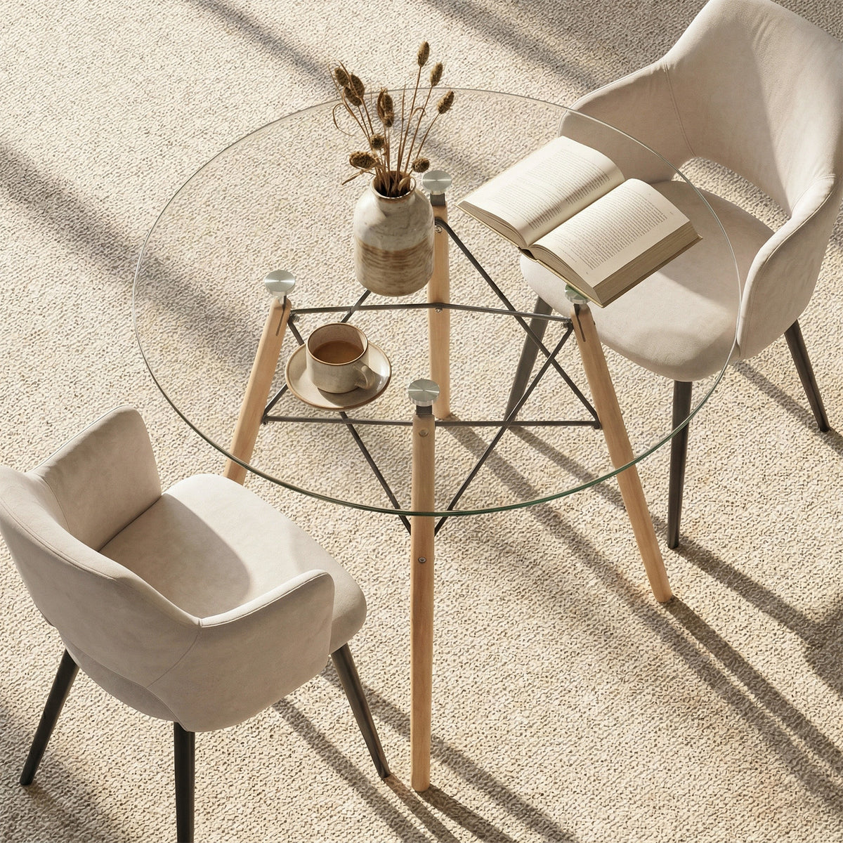 Mesa de Comedor Redonda de Vidrio Para 2-4 Personas (Vidrio + Base Natural)