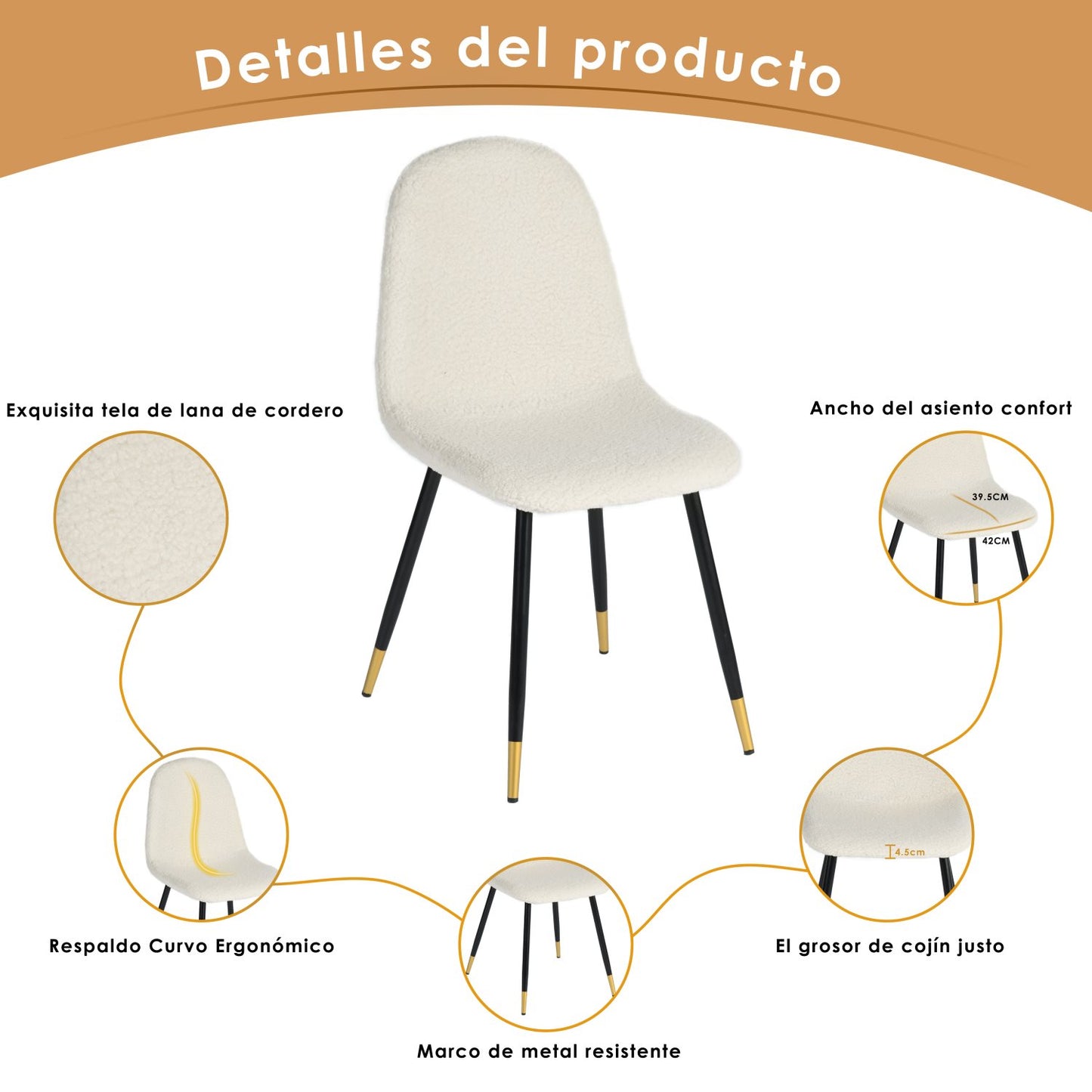 Juego de Sillas de Comedor Modernas de 4 Piezas con Patas de Metal Tapizadas en Tela de Lana Blanco