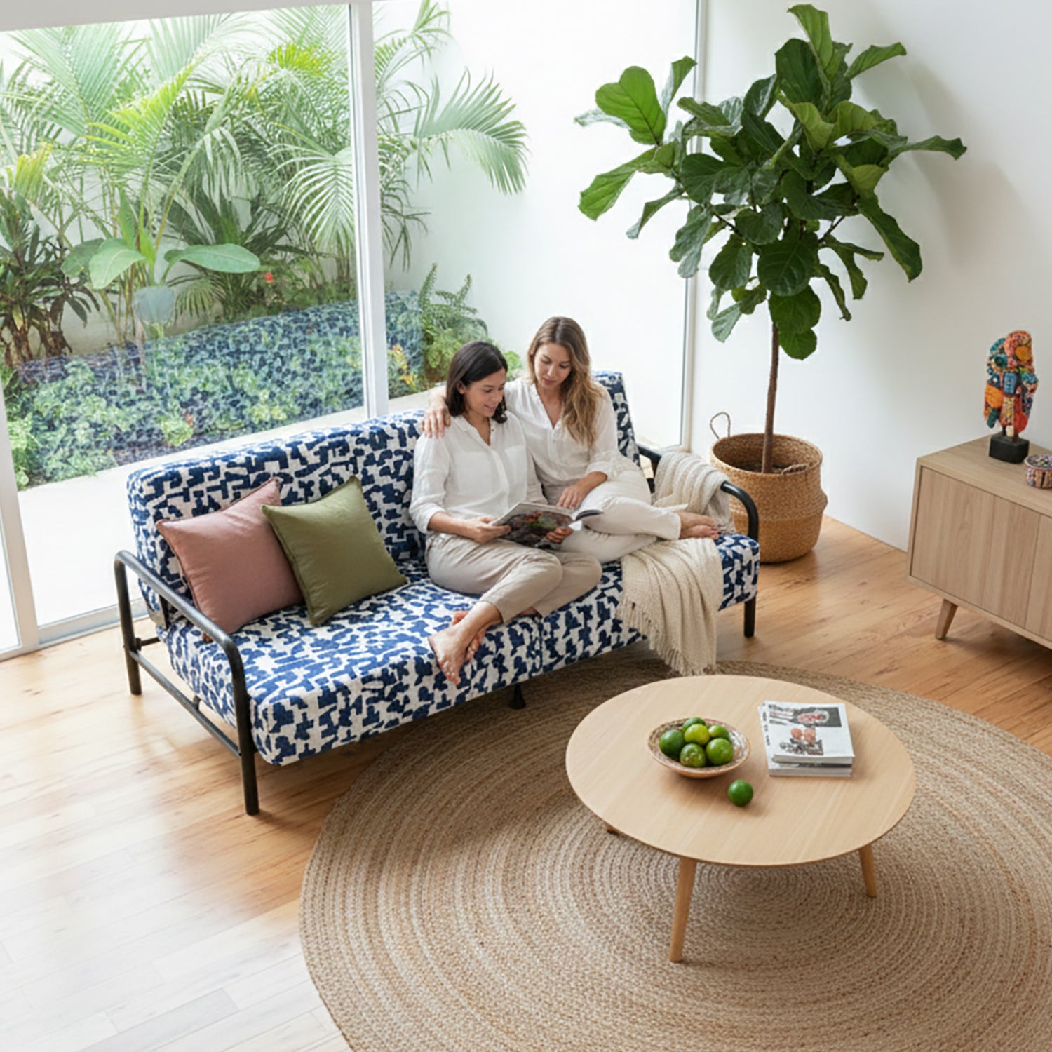 Cyber Homemake ● Multifuncional Sofá-Cama con Muelles (Geometría azul y blanca)