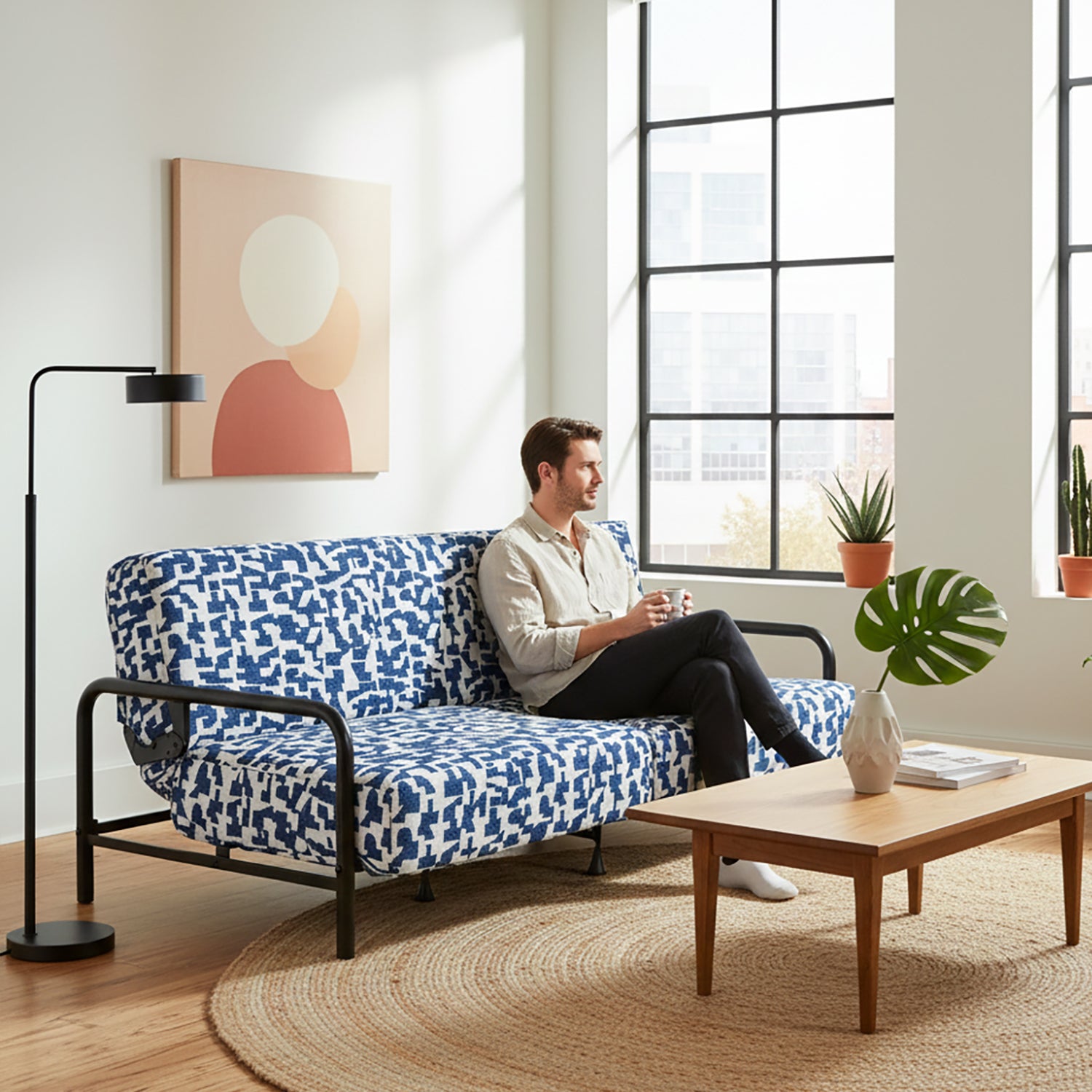 Cyber Homemake ● Multifuncional Sofá-Cama con Muelles (Geometría azul y blanca)