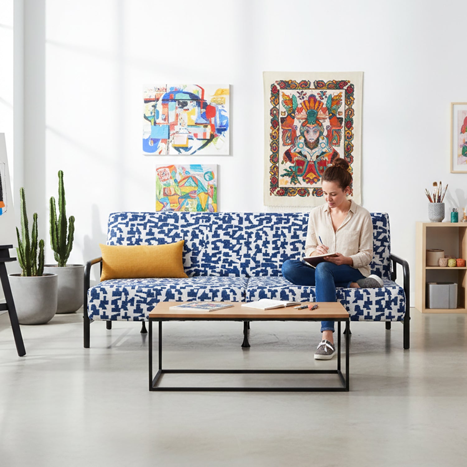 Cyber Homemake ● Multifuncional Sofá-Cama con Muelles (Geometría azul y blanca)