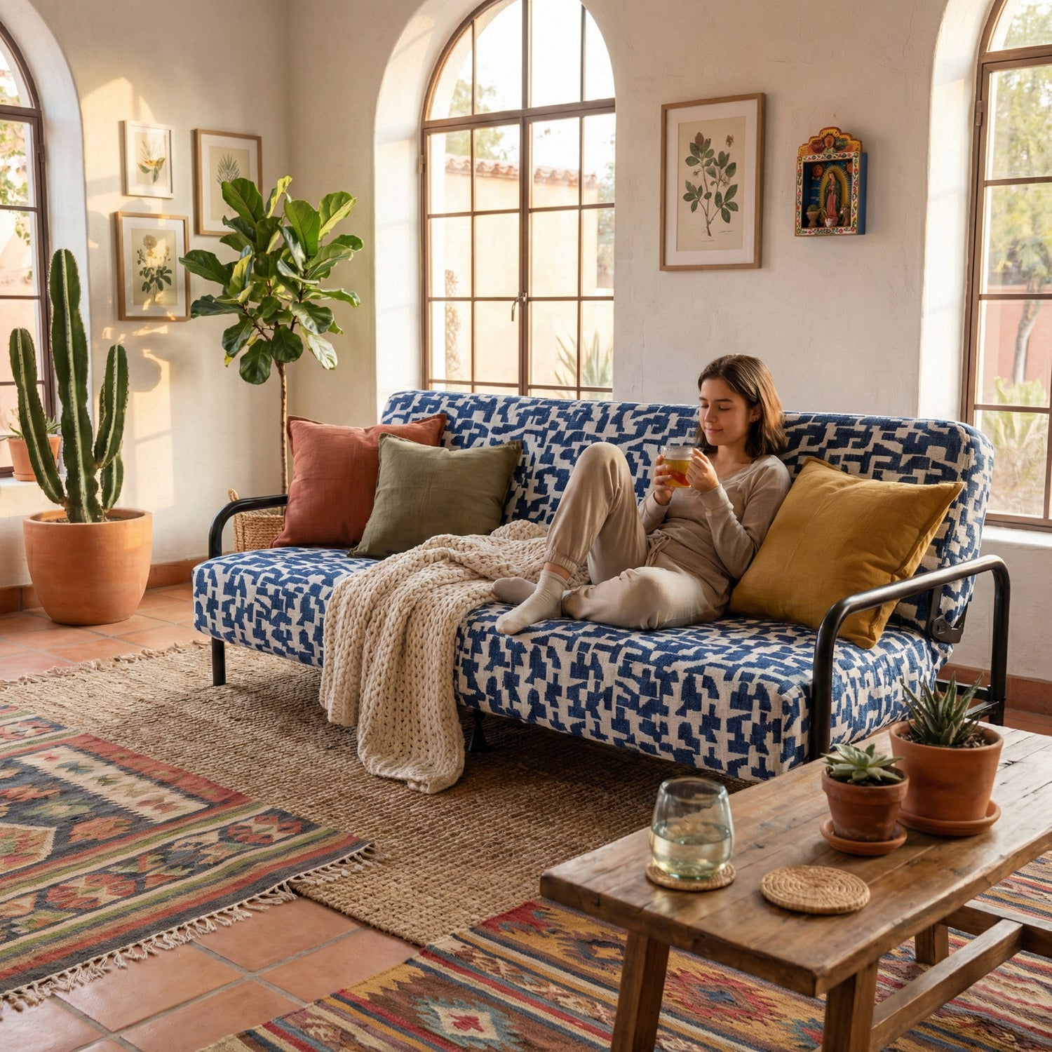Cyber Homemake ● Multifuncional Sofá-Cama con Muelles (Geometría azul y blanca)
