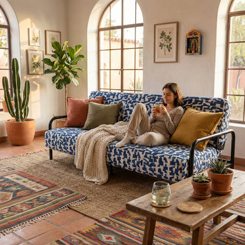 Cyber Homemake ● Multifuncional Sofá-Cama con Muelles (Geometría azul y blanca)